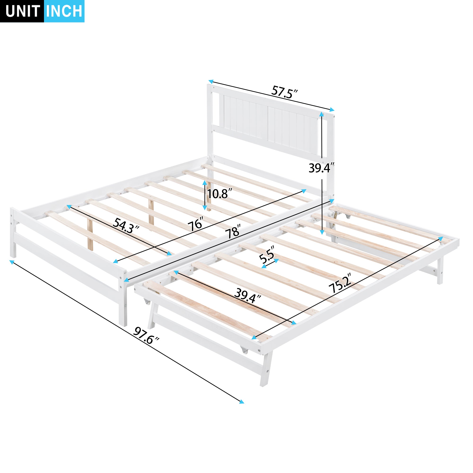 HAOYYE Full Size Platform Bed with Adjustable Trundle, White, Space-Saving Modern Design, Sturdy and Heavy-Duty Wood Frame, Ideal for Guest Room, Apartment, or Dorm, Easy Assembly Bedroom Furniture