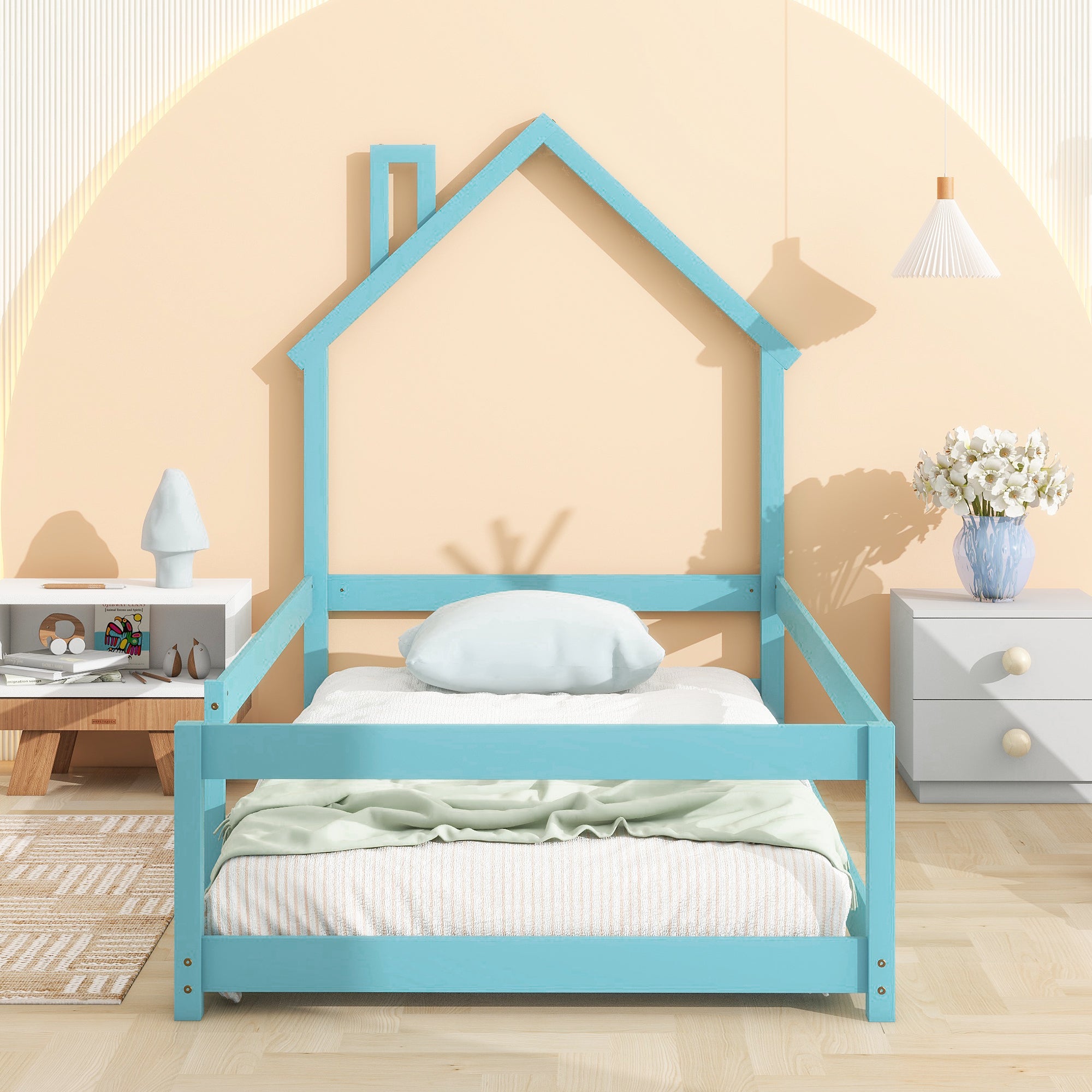 HAOYYE Twin Size Wood Bed with House-Shaped Headboard, Floor Bed with Fences, Sturdy Space-Saving Design, Easy Assembly for Bedroom, Dorm Room, and Modern Home Decor