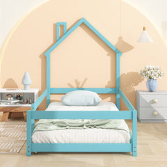HAOYYE Twin Size Wood Bed with House-Shaped Headboard, Floor Bed with Fences, Sturdy Space-Saving Design, Easy Assembly for Bedroom, Dorm Room, and Modern Home Decor