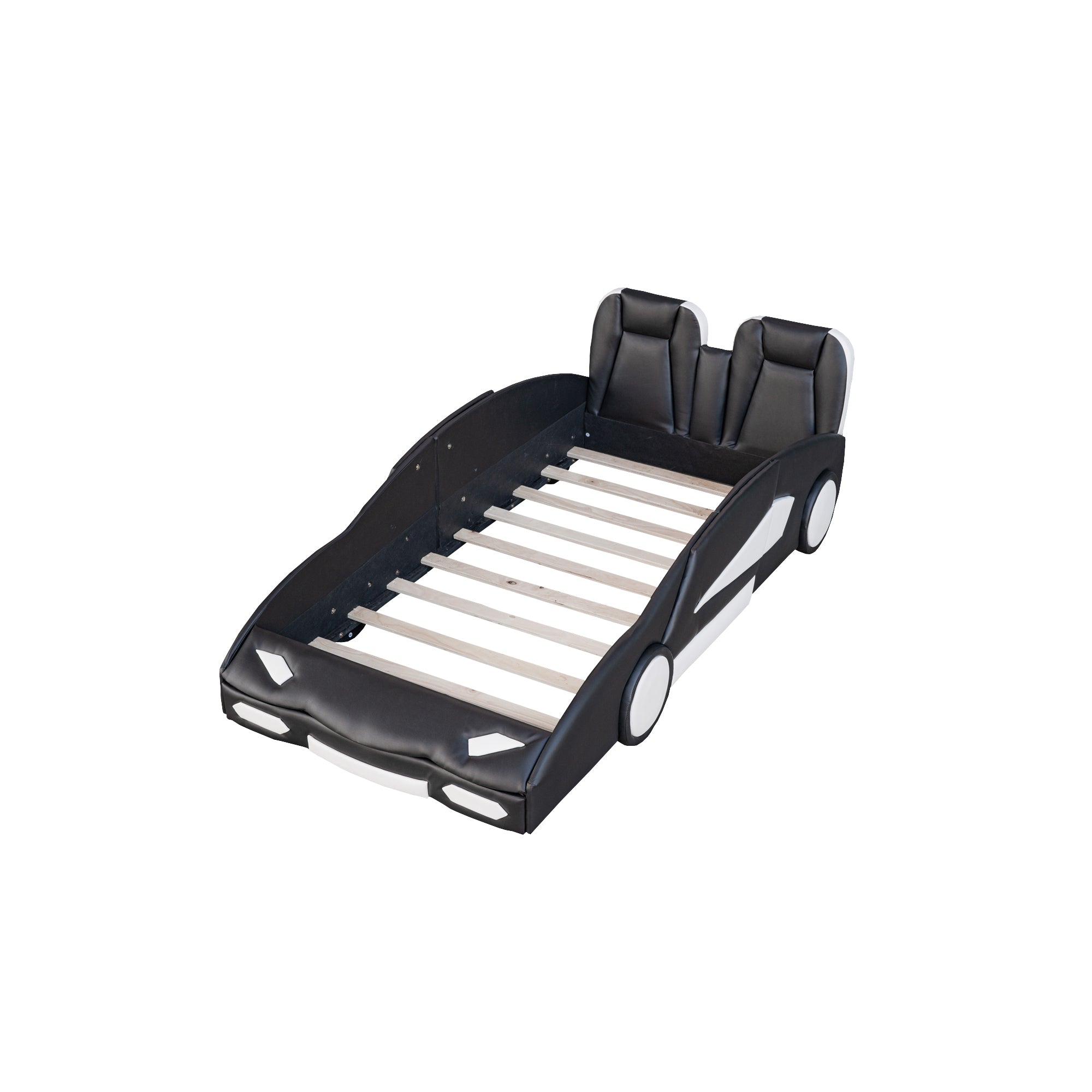 HAOYYE Twin Size Race Car-Shaped Platform Bed with Wheels, Black Sturdy Space-Saving Heavy Duty Modern Design Adults Dorm Room Easy Assembly Bedroom Furniture