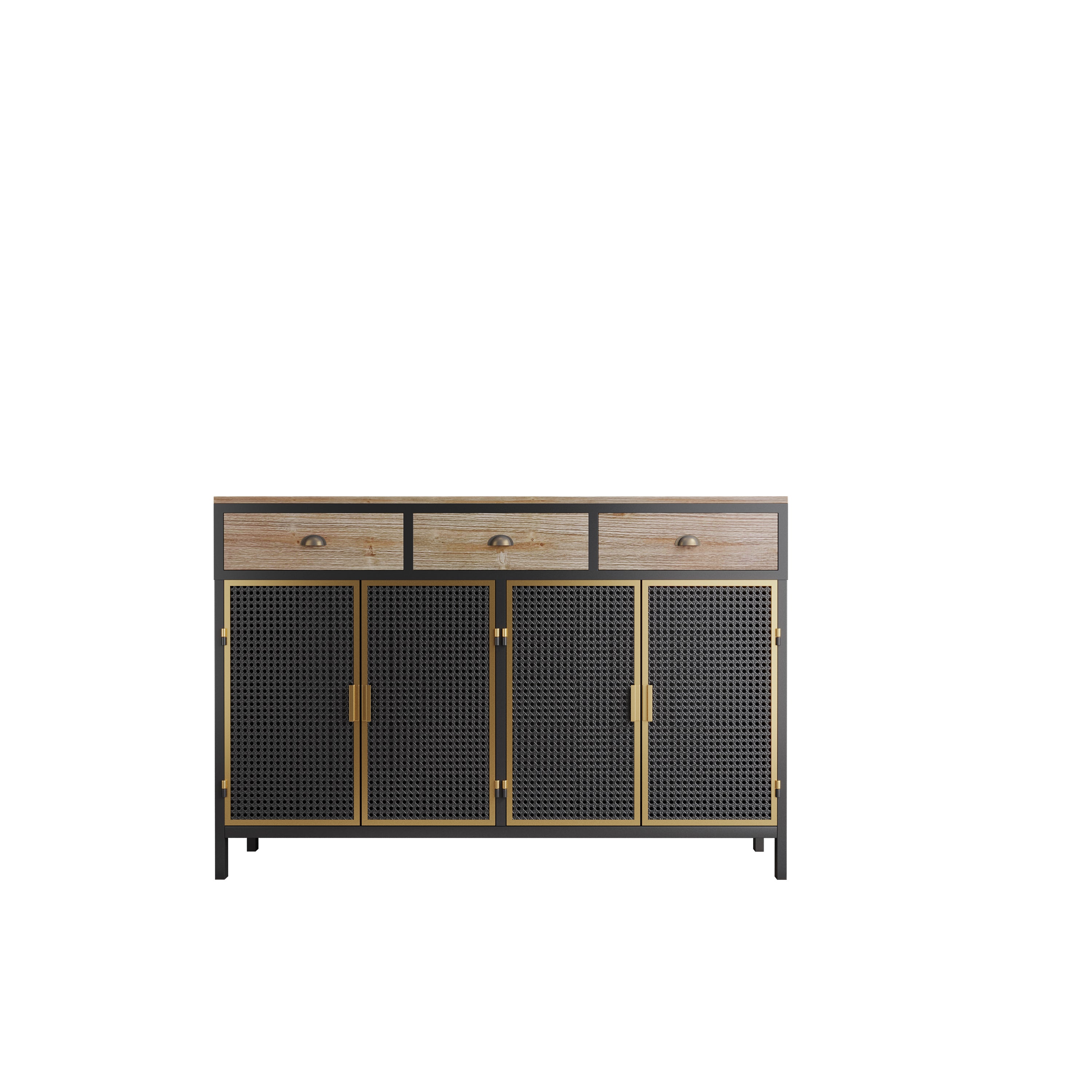 HAOYYE Modern Sideboard With 4 Doors And 3 Top Drawers, Freestanding Storage Cabinet For Entryway, Living Room, Office, Or Bedroom, Sturdy Space-Saving Heavy Duty Design