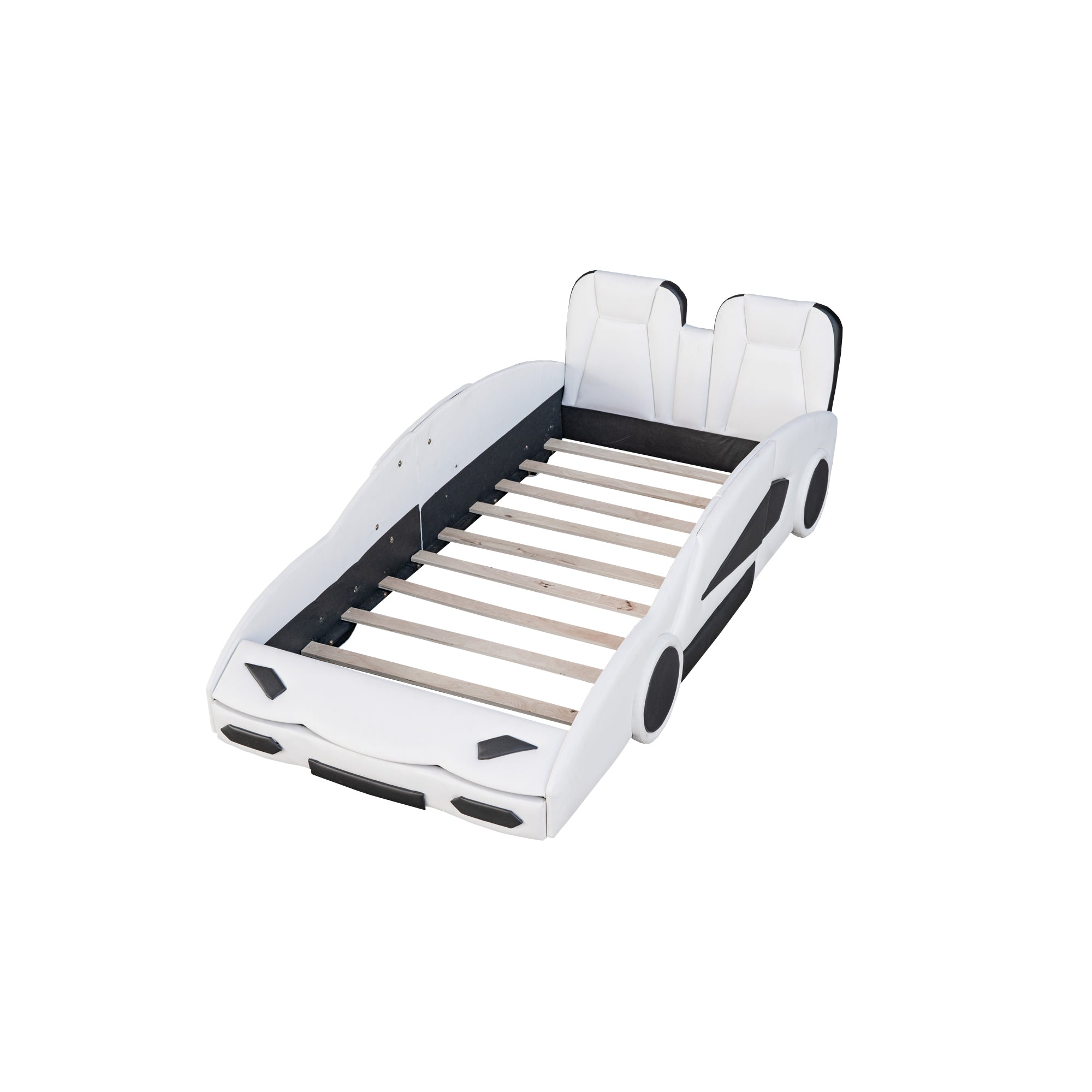 HAOYYE Twin Size Race Car-Shaped Platform Bed with Wheels, White Sturdy Space-Saving Heavy Duty Modern Design Adults Dorm Room Easy Assembly Bedroom Furniture