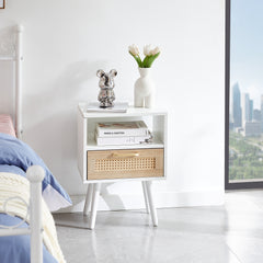 HAOYYE Rattan End Table With Drawer And Solid Wood Legs, Modern Nightstand For Bedroom And Living Room, Sturdy Space-Saving Heavy Duty Design, Easy Assembly, White