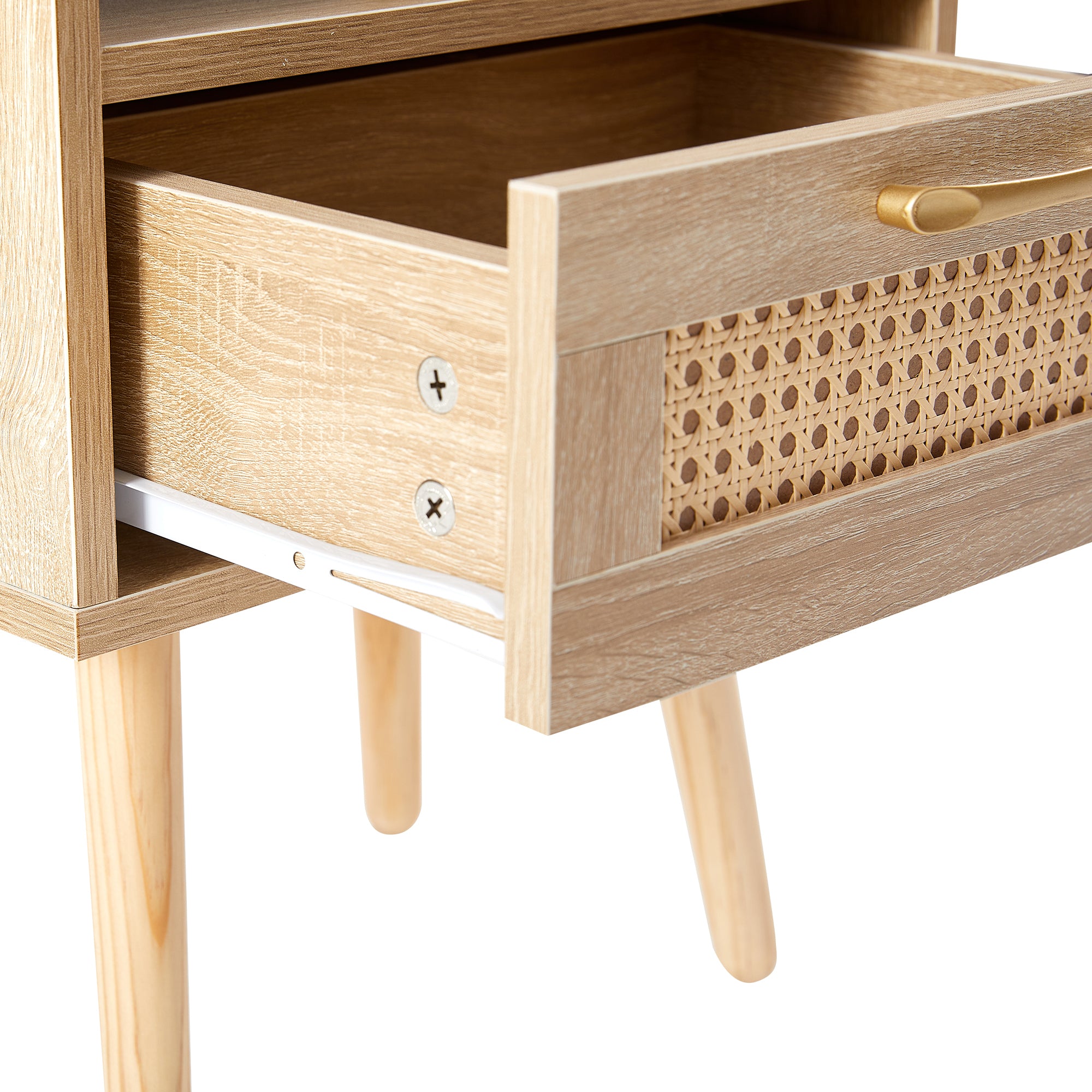 HAOYYE Rattan End Table with Power Outlet & USB Ports, Modern Nightstand with Drawer and Solid Wood Legs, Natural, Sturdy Space-Saving Design, Heavy Duty Construction, Stylish and Durable Home Furniture for Living Room or Bedroom