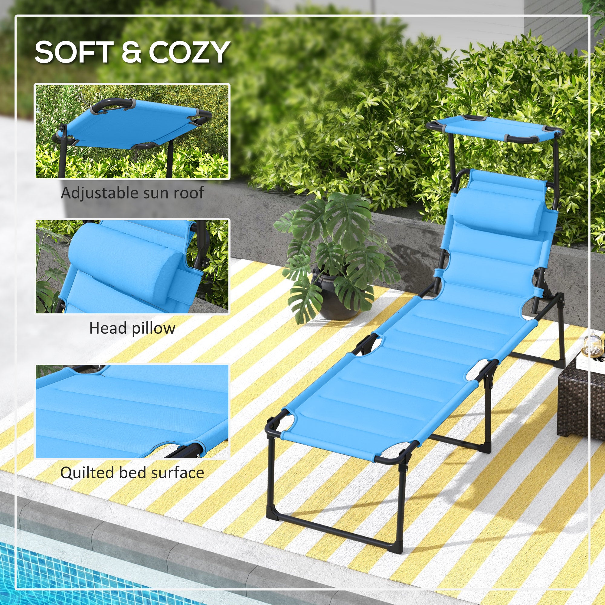 HAOYYE Folding Lounge Chair for Outdoor Relaxation Portable Reclining Beach Chair with Adjustable Backrest Sunshade Canopy and Padded Design for Patio Garden Poolside Travel Camping