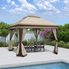 HAOYYE Outdoor 11x11 Ft Pop Up Gazebo Canopy with Removable Zipper Netting Coffee 2 Tier Soft Top Event Tent Shelter for Patio Backyard Garden Deck Poolside Lawn Camping Area Easy Setup Waterproof UV Resistant Shade Pavilion