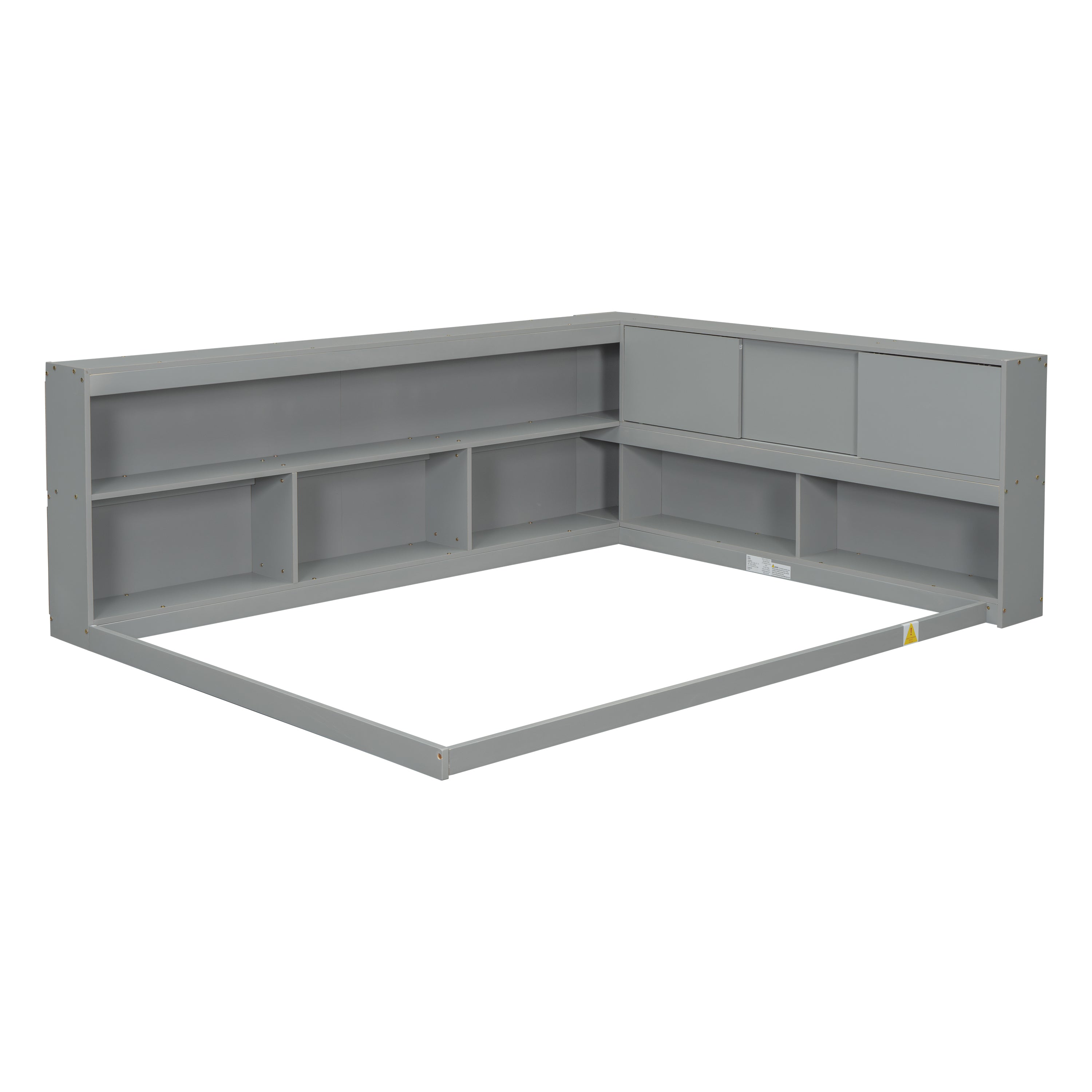 HAOYYE Full Floor Bed with L-shaped Bookcases, sliding doors,without slats,Grey Sturdy Space-Saving Heavy Duty Modern Design Easy Assembly Durable Stylish Home Furniture Versatile