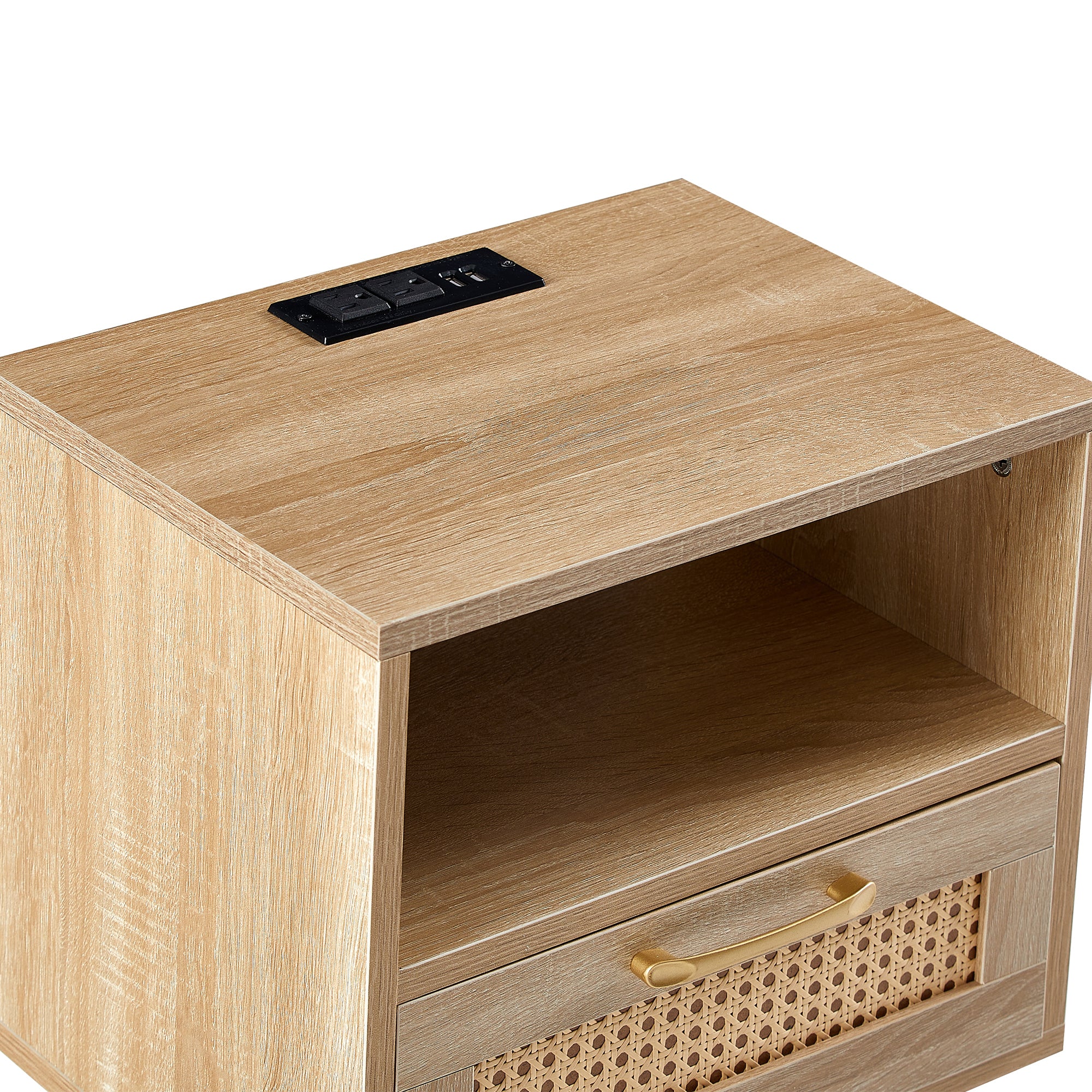 HAOYYE Rattan End Table with Power Outlet & USB Ports, Modern Nightstand with Drawer and Solid Wood Legs, Natural, Sturdy Space-Saving Design, Heavy Duty Construction, Stylish and Durable Home Furniture for Living Room or Bedroom