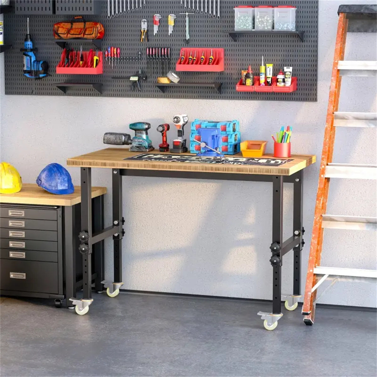 HAOYYE Garage Work Bench with Wheels and Adjustable Legs Bamboo Top Workstation Heavy Duty Rolling Tool Table for Workshop Garage Home Office Storage and Organization