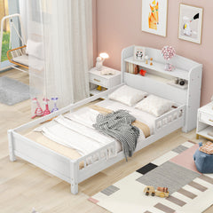 HAOYYE Wood Twin Size Platform Bed with Built-in LED Light, Storage Headboard and Guardrail, White Sturdy Space-Saving Heavy Duty Modern Design Adults Dorm Room Easy Assembly Bedroom Furniture