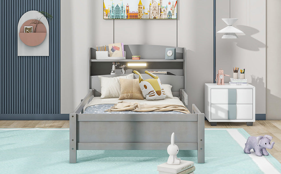 HAOYYE Wood Twin Size Platform Bed with Built-in LED Light, Storage Headboard and Guardrail, Antique Grey Sturdy Space-Saving Heavy Duty Modern Design Adults Dorm Room Easy Assembly Bedroom Furniture
