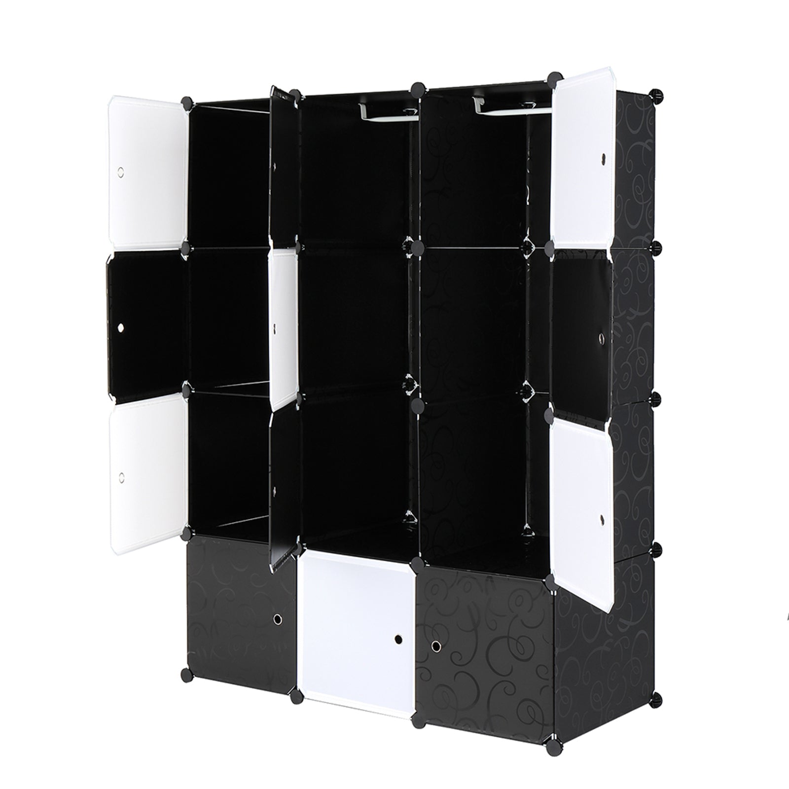 DE Direct HAOYYE 12 Cube Organizer Stackable Plastic Storage Shelves Modular Closet Cabinet with Hanging Rod Multifunctional Stackable Design for Bedroom Entryway Living Room Black and White