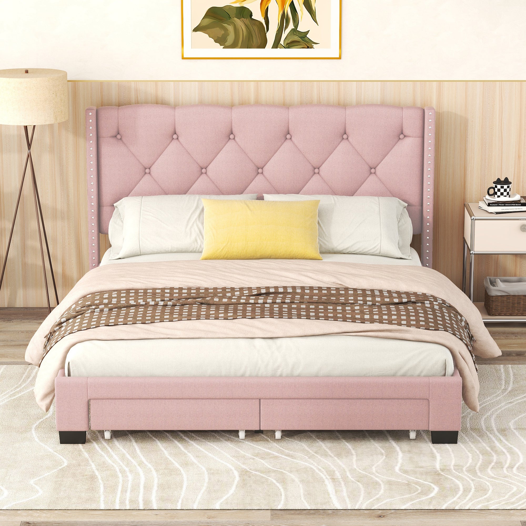 HAOYYE Queen Size Linen Upholstered Platform Bed with Two Drawers, Modern Storage Bed with Sturdy and Space-Saving Design, Heavy Duty Construction, Ideal for Adults and Dorm Rooms, Easy Assembly for Bedroom Furniture