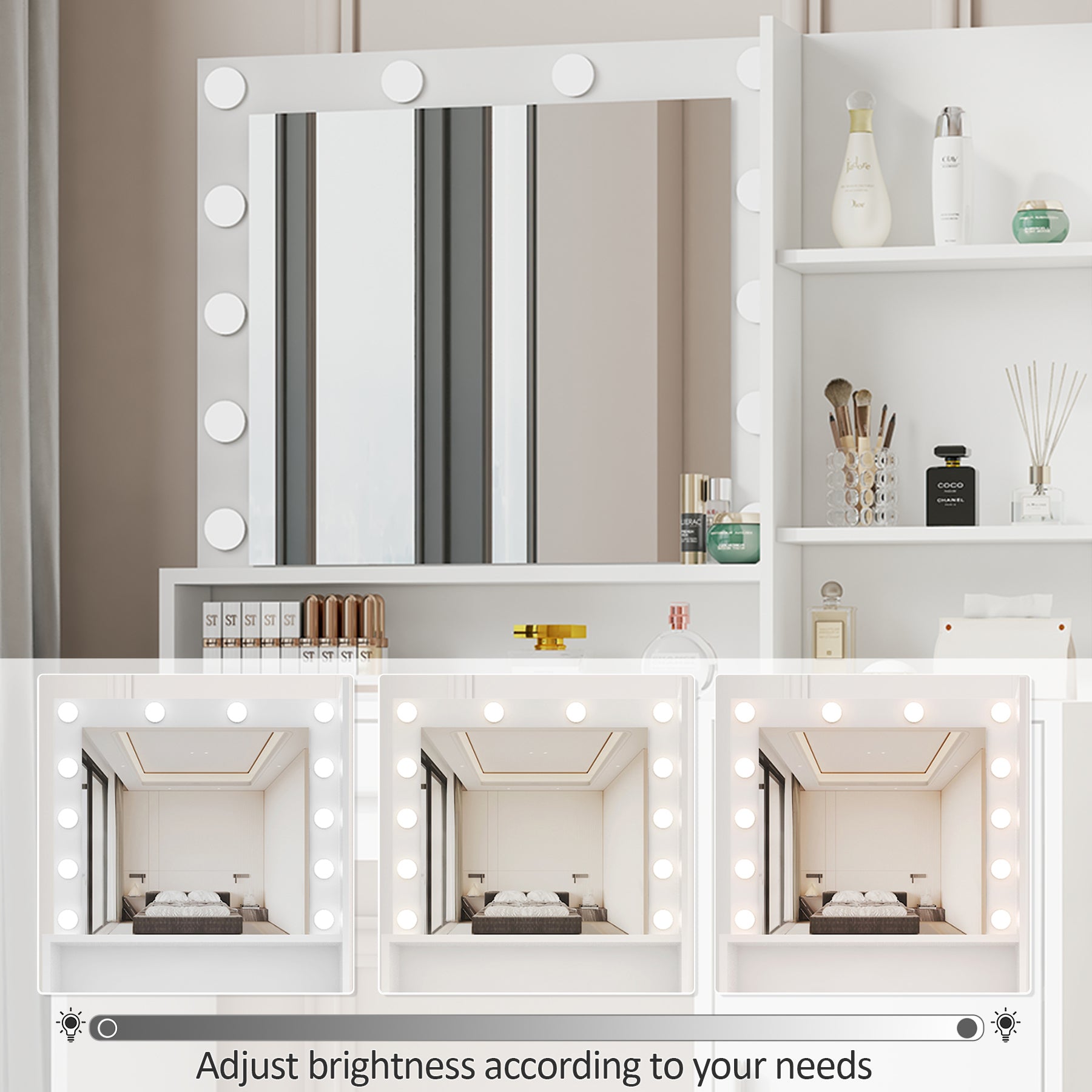 HAOYYE Vanity Desk with Mirror & Light, Large Drawer Three-Level Storage Dresser, 3 Lighting Modes with Adjustable Brightness, Modern Luxury Bedroom Dressing Table, White with Stool