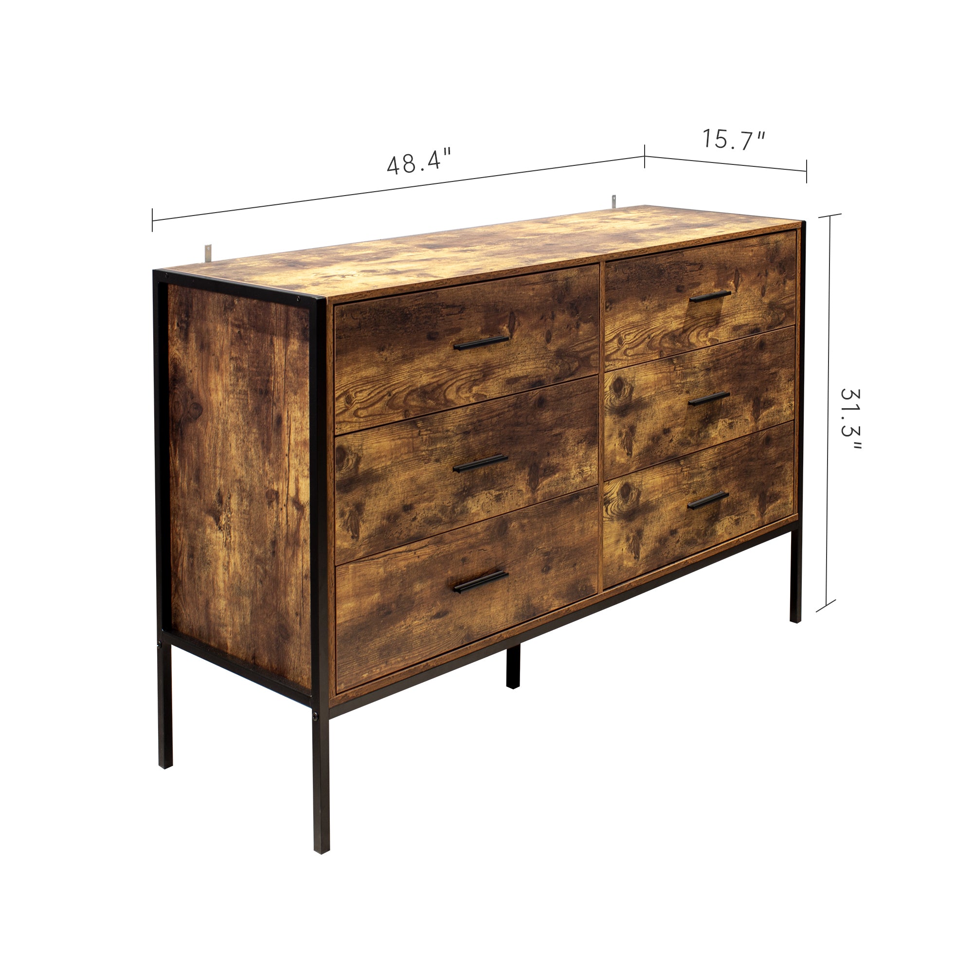 HAOYYE Industrial Style 6-Drawer Double Dresser, Rustic Brown Wooden Storage Organizer With Sturdy Steel Frame, Space-Saving Storage Cabinet For Bedroom And Living Room