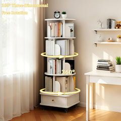 HAOYYE 5 Tier Rotating Bookshelf Tower with 360 Degree Swivel Display, Drawer Storage, Universal Wheels and Modern Round Design, Space-Saving Standing Bookcase for Home Office Bedroom or Living Room in Warm White