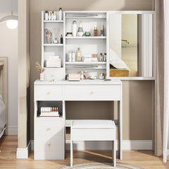 HAOYYE Small Space Vanity Table Set with Left Drawer, Cushioned Stool, Large Sliding Mirror, Multi-Layer Storage, Modern Compact Design, Stylish Durable Dressing Table for Adults, Ideal for Bedroom or Dressing Room