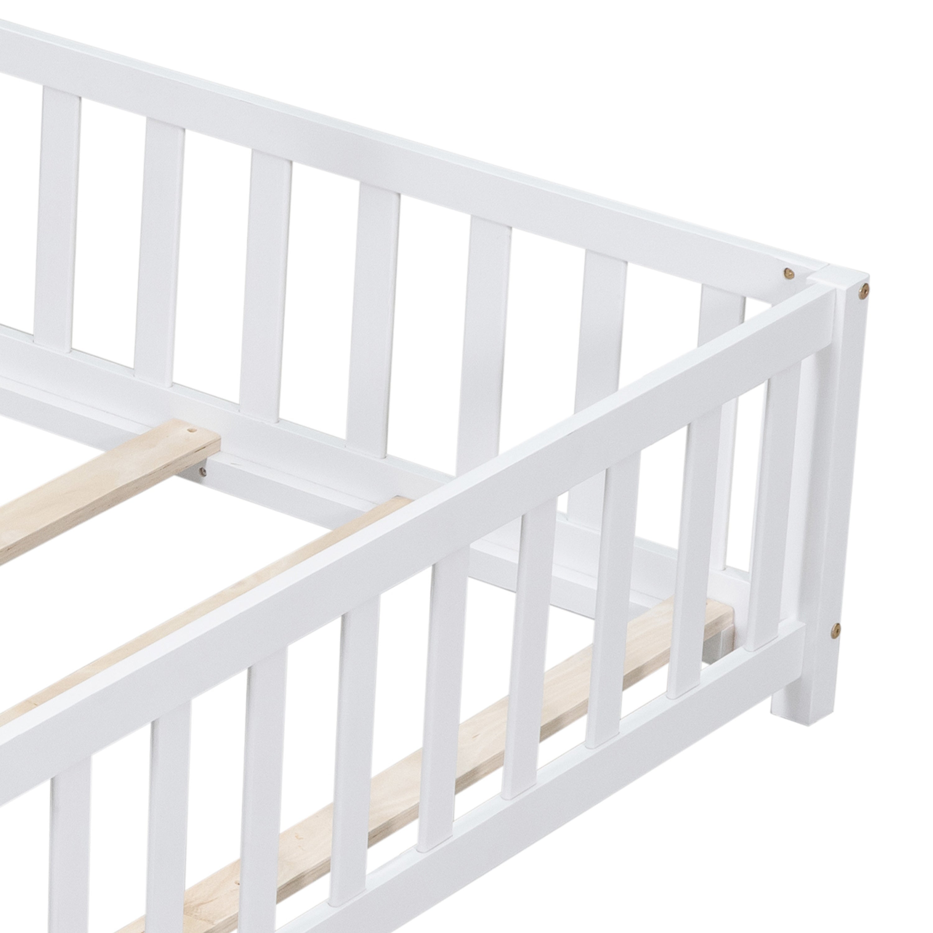 HAOYYE Full Size Floor Platform Bed with Fence and Door for , Montessori Floor Bed Frame with Support Slats for Toddlers, Wooden Floor Bed White Sturdy Space-Saving Heavy Duty Modern Design Adults