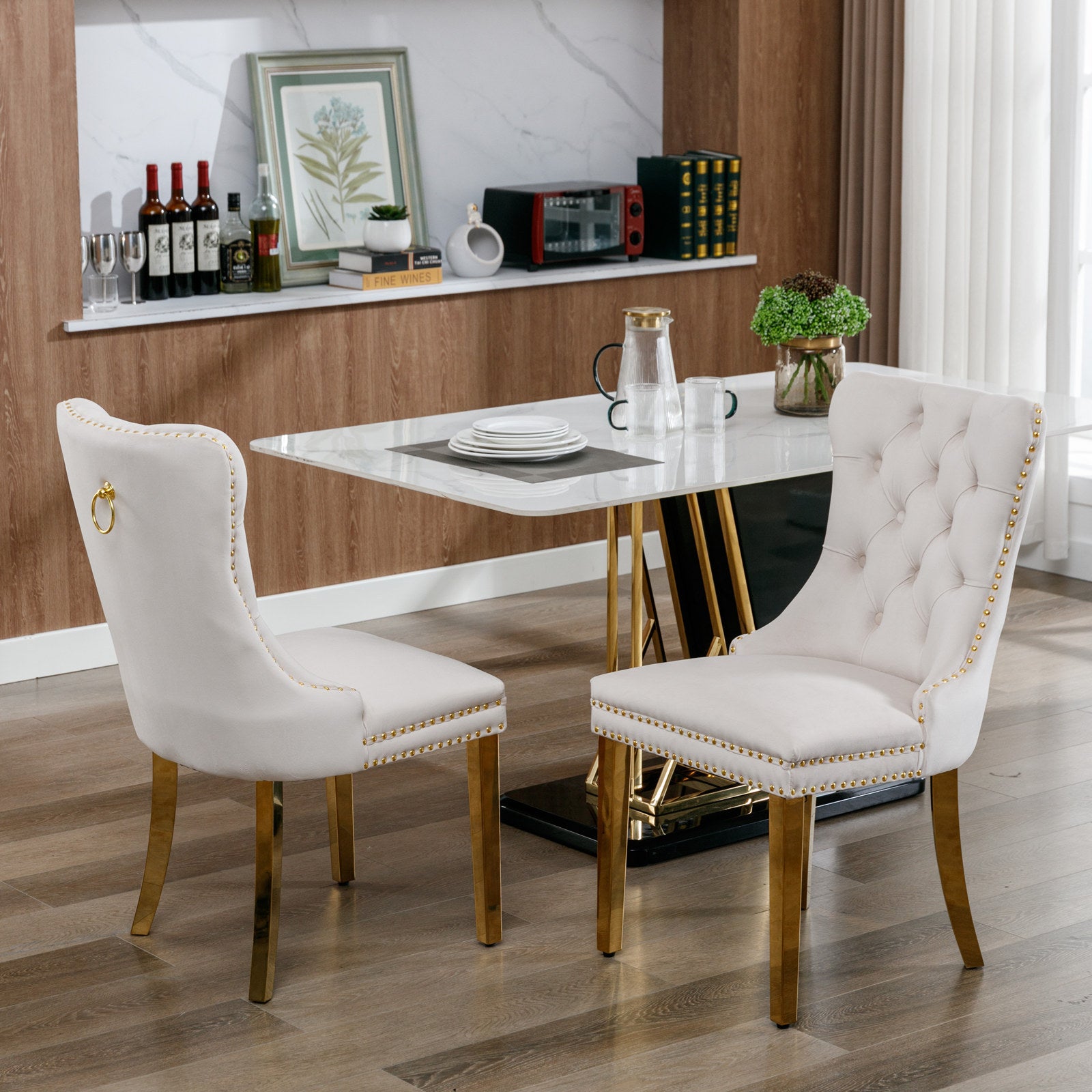 HAOYYE High-end Tufted Solid Wood Contemporary Velvet Upholstered Dining Chair with Golden Stainless Steel Plating Legs,Nailhead Trim,Set of 2,Beige and Gold, SW1601BG