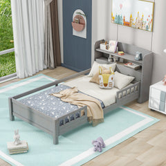 HAOYYE Wood Twin Size Platform Bed with Built-in LED Light, Storage Headboard and Guardrail, Antique Grey Sturdy Space-Saving Heavy Duty Modern Design Adults Dorm Room Easy Assembly Bedroom Furniture