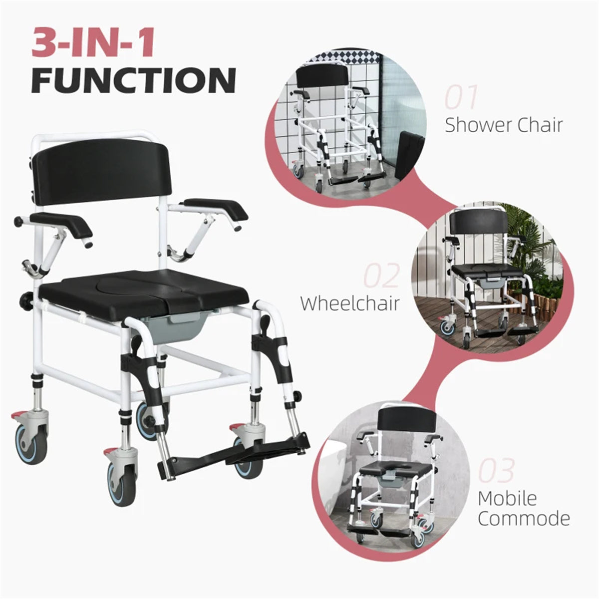 HAOYYE Bathroom Wheelchair Commode Chair with Rolling Design and Four Locking Castor Wheels Portable Shower Wheelchair for Home Hospital or Elderly Use Lightweight and Durable