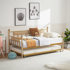 HAOYYE  Sofa Bed with Metal Frame and Removable Trundle for Twin Adults in Golden Finish Offering A Durable and Compact Design Ideal for Dorm Room Bedroom and Living Room Furniture with Easy Assembly and Contemporary Style