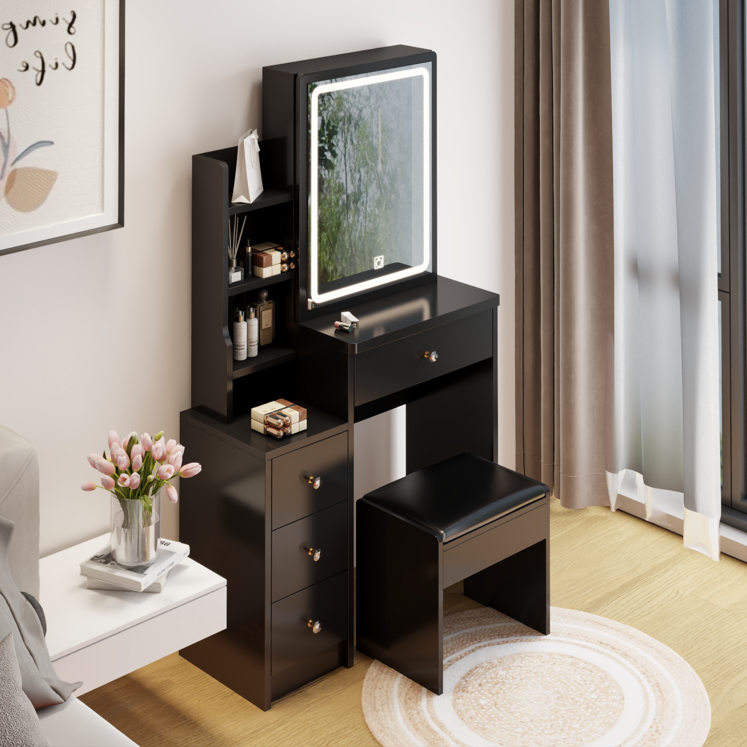 HAOYYE Small Space Left Bedside Cabinet Vanity Table + Cushioned Stool, Extra Large Touch Control Sliding LED Mirror, Tri-color Switching, Brightness Adjustable, Suitable for Girls No More Than 5.6ft Tall