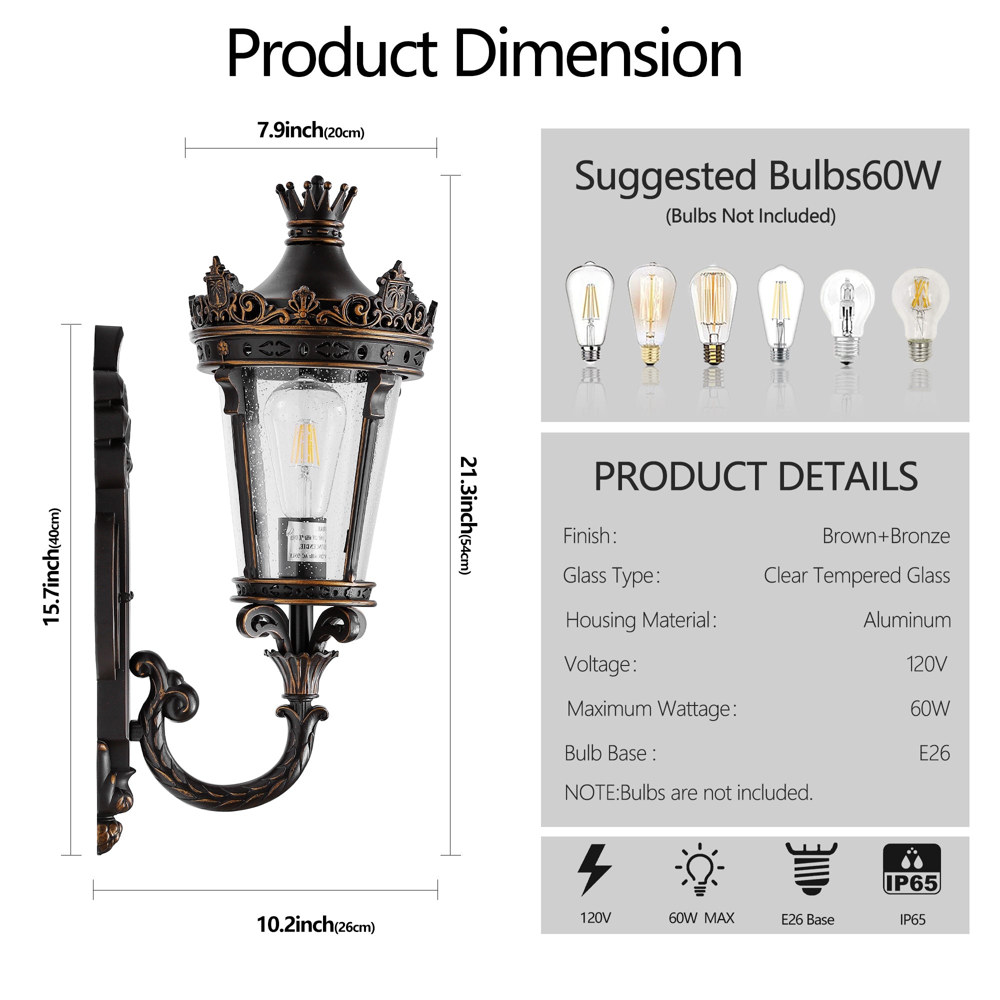 HAOYYE Vintage Outdoor Wall Lantern, Waterproof Exterior Wall Sconce with Crown Top and Clear Glass, Decorative Outdoor Lighting Fixture for Patio, Garden, or Entryway (One piece&No bulb) Sturdy Space-Saving