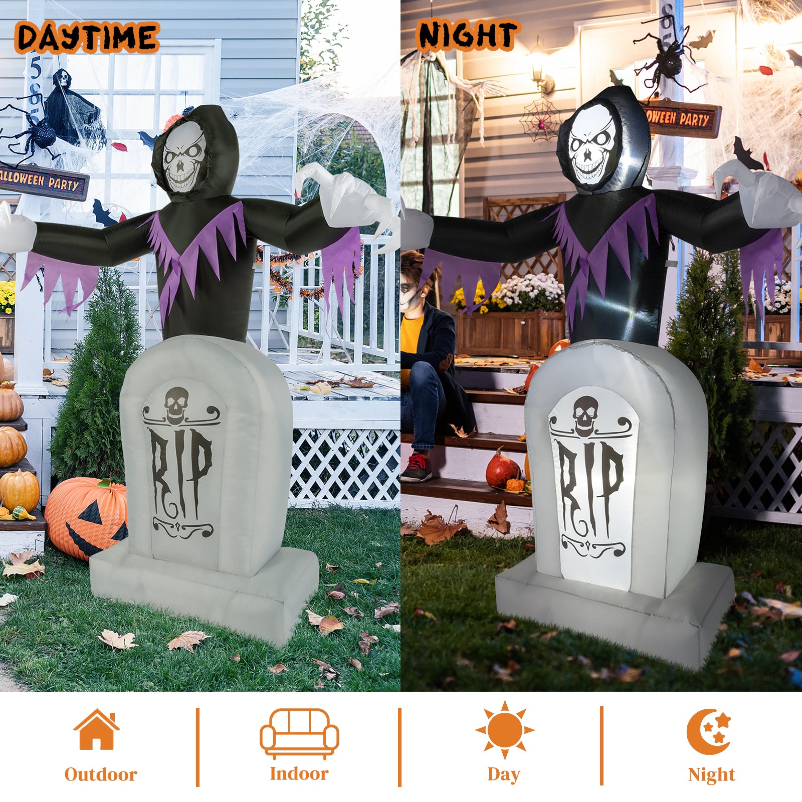 HAOYYE Halloween Inflatable Decoration Black 3-Piece Grim Reaper and Grave Set with LED String Lights Powerful Blower Easy Setup Waterproof Polyester for Garden Yard Lawn Patio Outdoor Party
