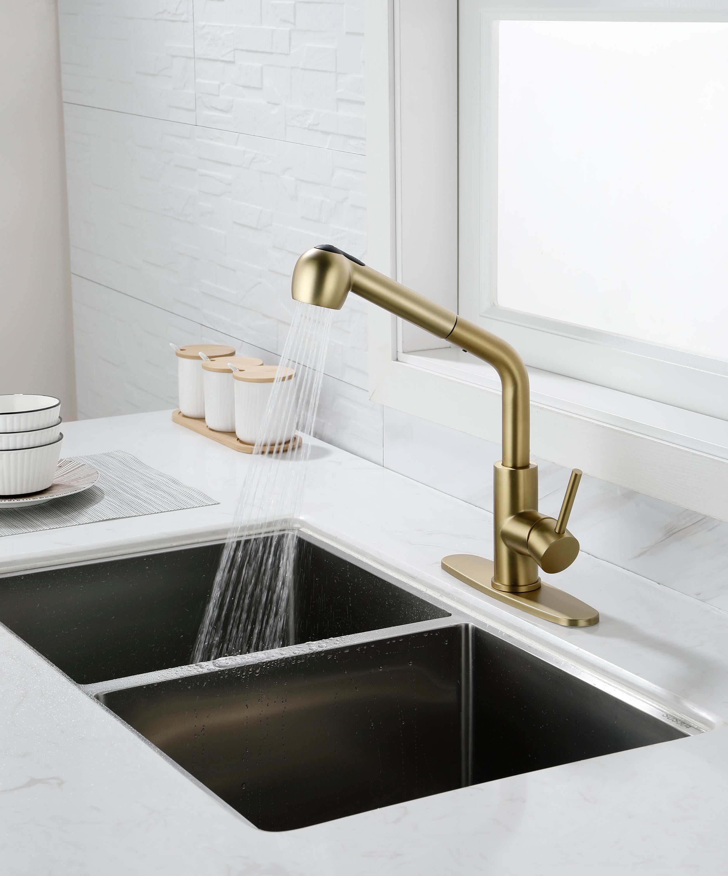 Haoyye Single-Handle Pull-Out Utility Sink Faucet, Stainless Steel High Arc Faucet with Dual Spray Function and 360° Swivel Spout, Easy DIY Installation, Spot-Resistant Finish, Modern Heavy Duty Design for Laundry Room, Kitchen, or Utility Sink