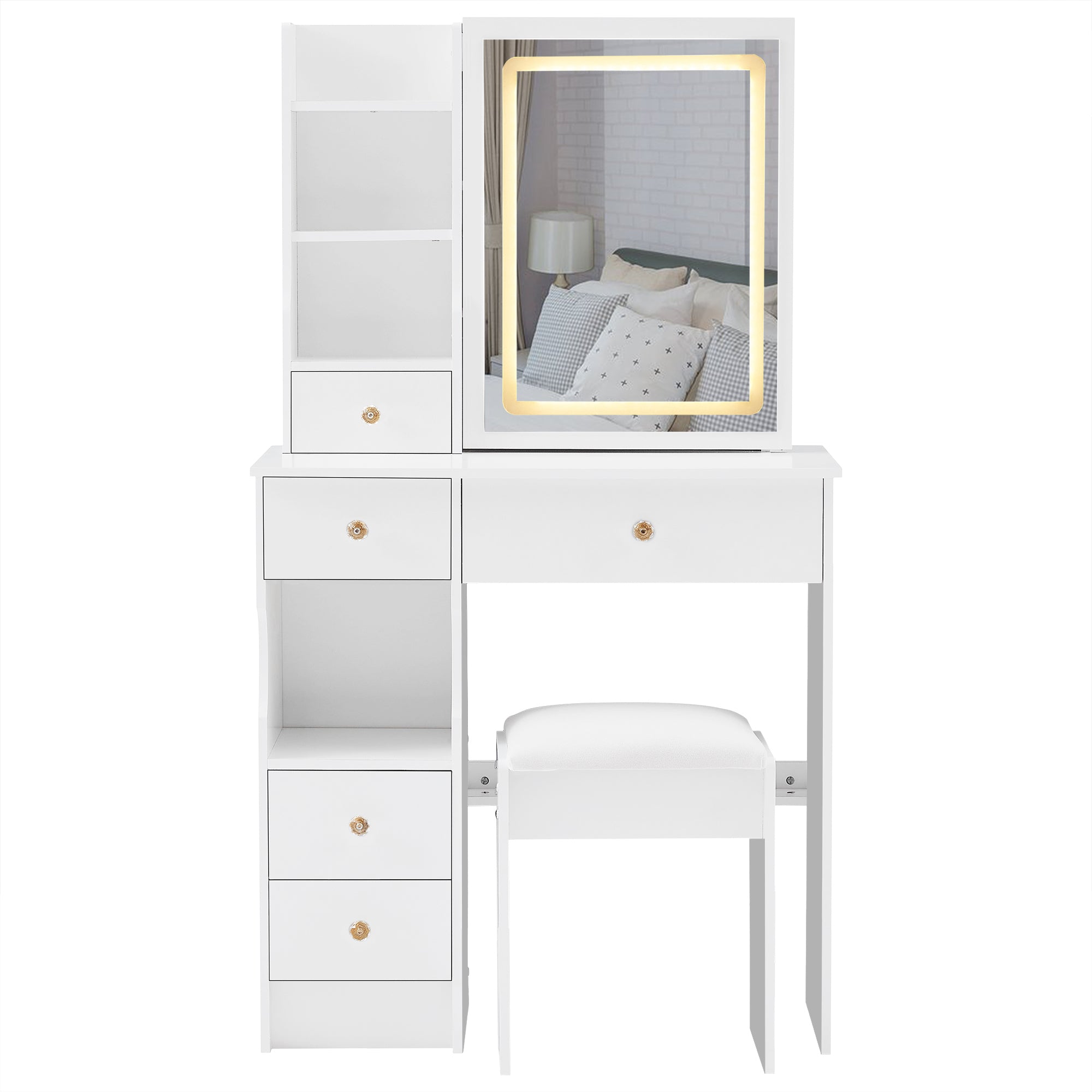 HAOYYE Small Left Drawer Desktop Vanity Table with Cushioned Stool, Touch Control Sliding LED Mirror, Tri-Color Lighting, Brightness Adjustment, Multi-Layer Storage, Ideal for Small Spaces