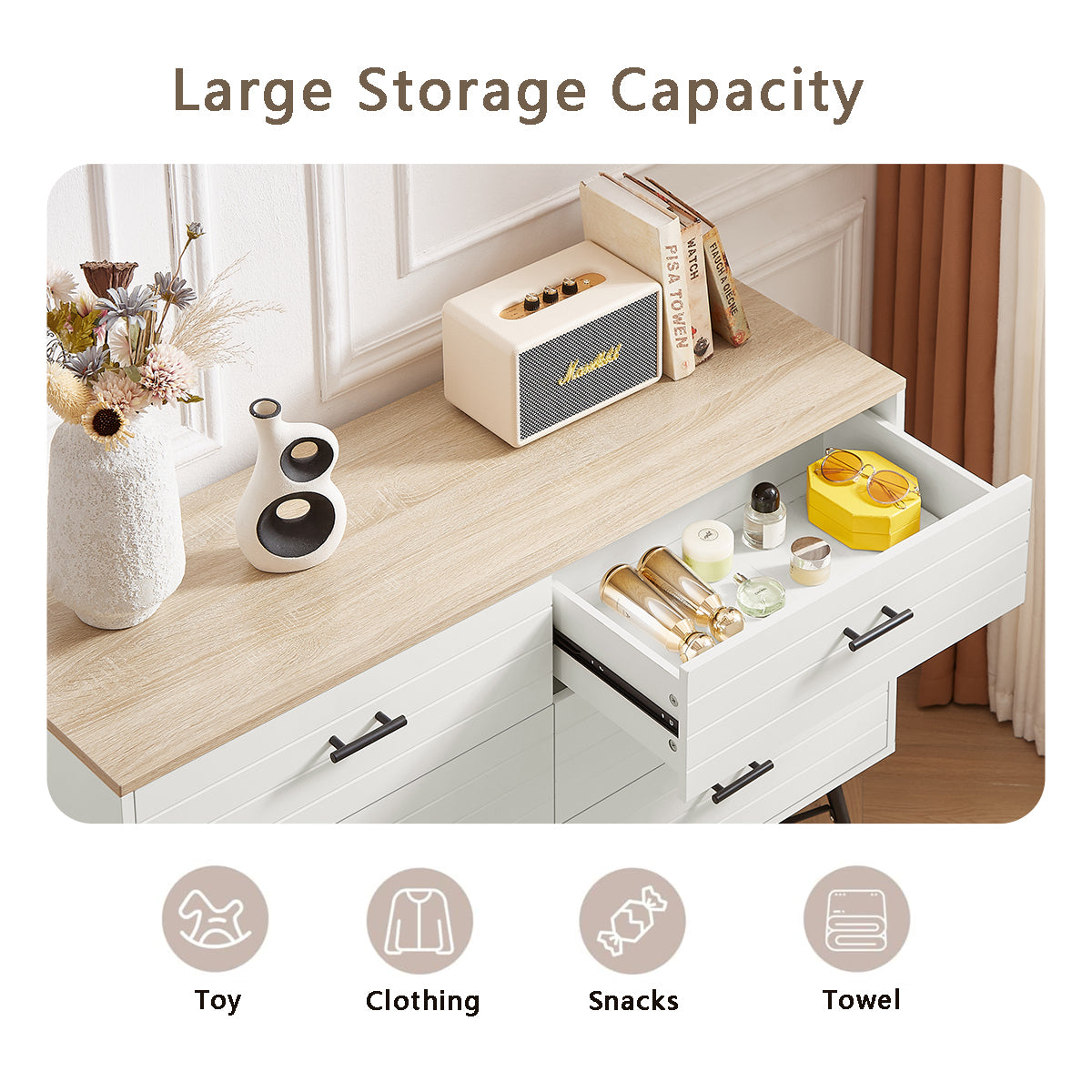 HAOYYE Modern 6-Drawer Dresser for Bedroom, Sturdy White & Oak Wood Chest of Drawers, Deep Storage for Living Room and Closet, Space-Saving Design