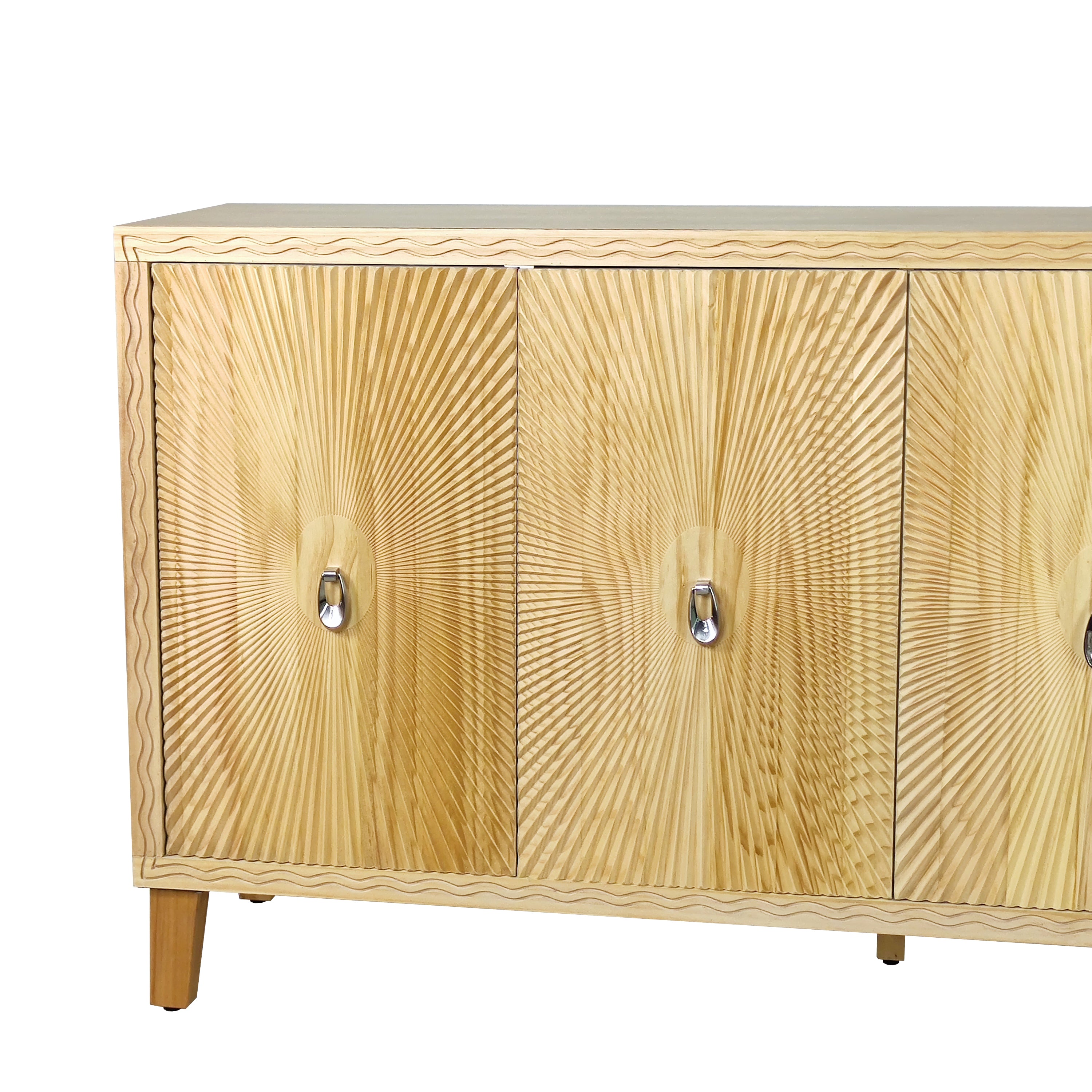 HAOYYE Vintage Storage Cabinet with Carved Scatter Pattern, 4 Door Dining Sideboard and Adjustable Shelves, Versatile Buffet and Accent Cabinet for Living Room, Kitchen, and Hallway, Sturdy and Space-Saving Design in Natural Finish