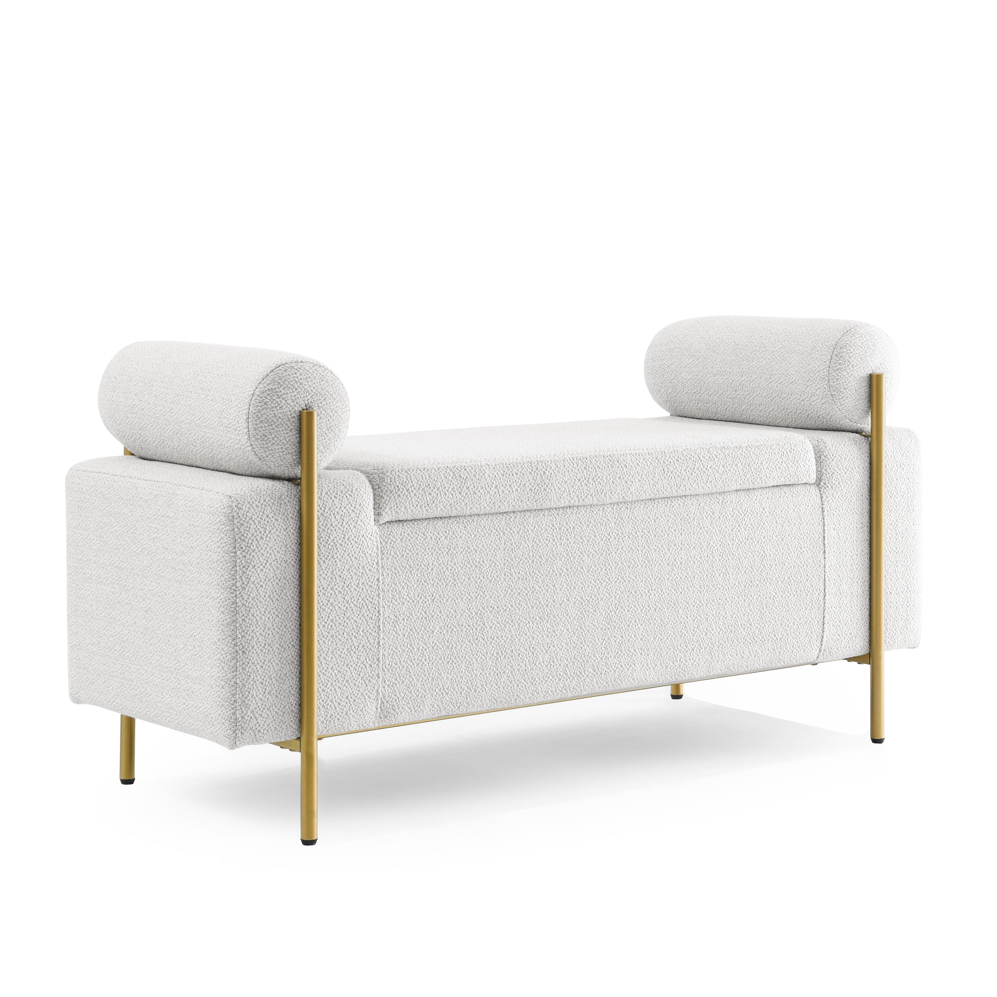 HAOYYE Elegant Upholstered Linen Storage Bench with Cylindrical Arms and Iron Legs for Hallway Living Room Bedroom, White Sturdy Space-Saving Heavy Duty Modern Design Adults Dorm Room Easy Assembly
