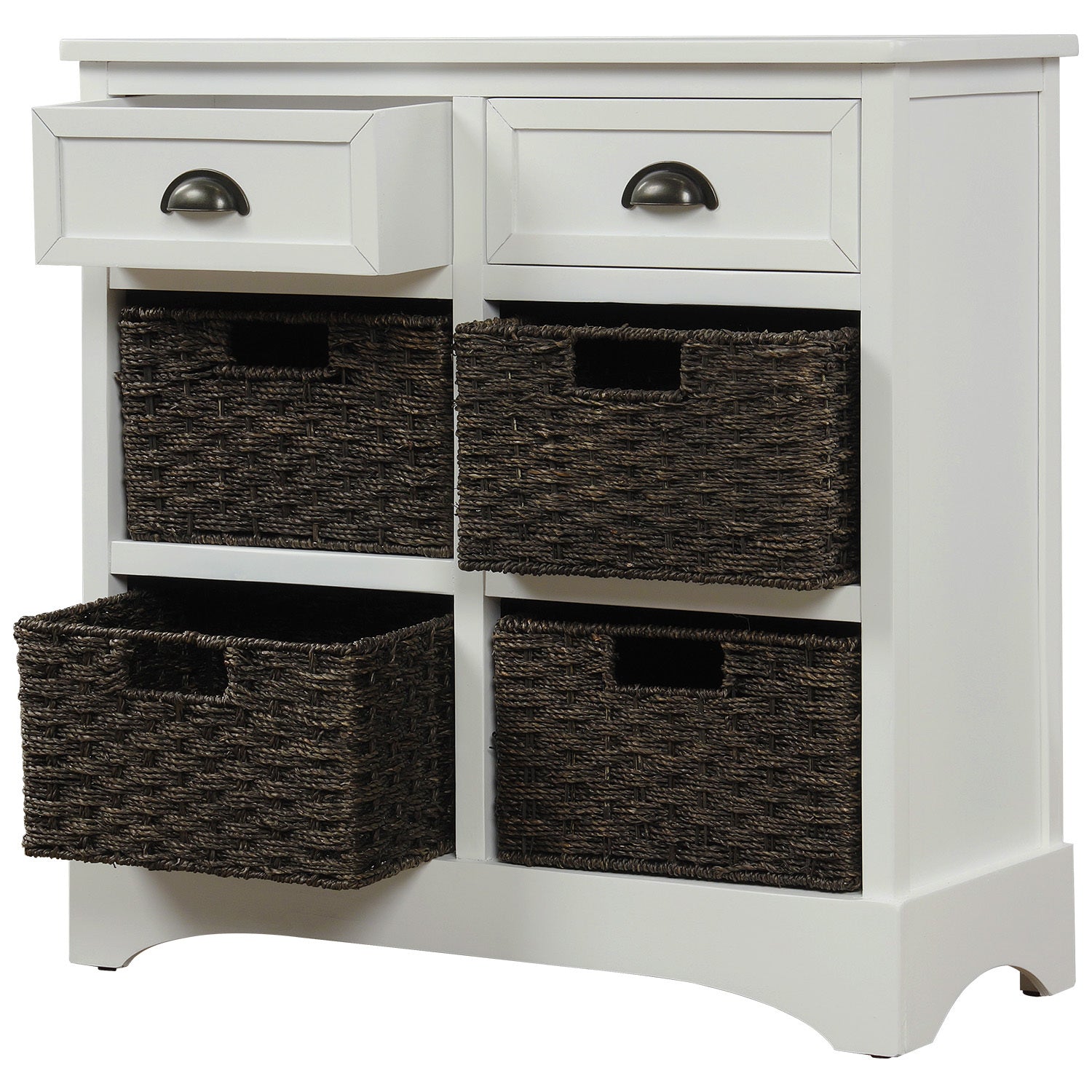 HAOYYE Rustic Storage Cabinet with Two Drawers and Four Classic Rattan Baskets for Dining Room or Living Room, White, Sturdy Space-Saving Design, Heavy Duty Construction, Easy Assembly, Durable and Stylish Home Furniture