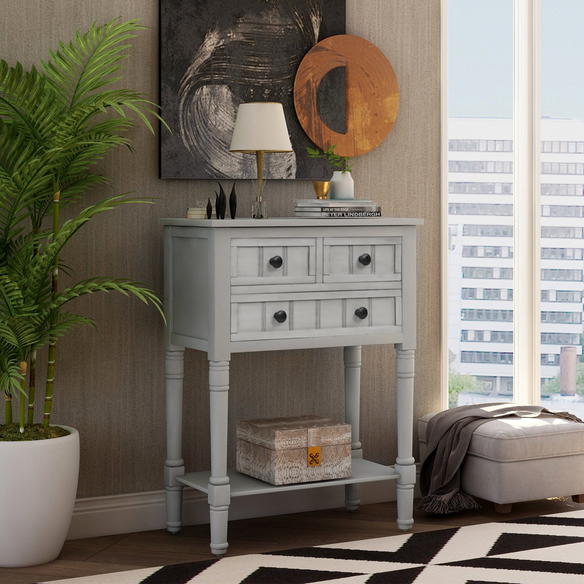 HAOYYE Slim Console Table With Three Drawers And Bottom Shelf, Narrow Sofa Table For Living Room, Modern Space-Saving Design, Heavy Duty Construction, Easy Assembly (Gray Wash)