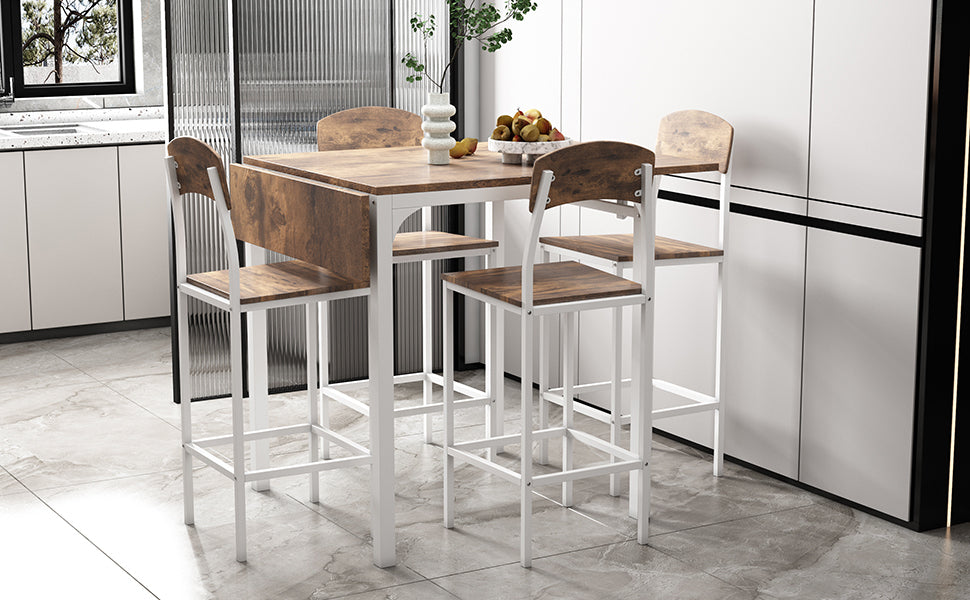 HAOYYE Farmhouse 5-Piece Counter Height Dining Table Set with 4 Chairs, White Frame & Rustic Brown Tabletop, Drop Leaf, Space-Saving Design, Sturdy & Heavy Duty, Ideal for Dining Room, Kitchen, Apartment, Dorm Room, Modern & Functional