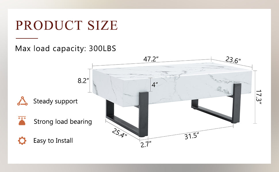 HAOYYE Black And White Minimalist MDF Coffee Table With Marble Pattern Sticker And Black Metal Leg Spray Coating, Modern And Simple Design For Living Room, Bedroom And Office, Sturdy Space-Saving Heavy Duty Furniture For Contemporary Home Decor