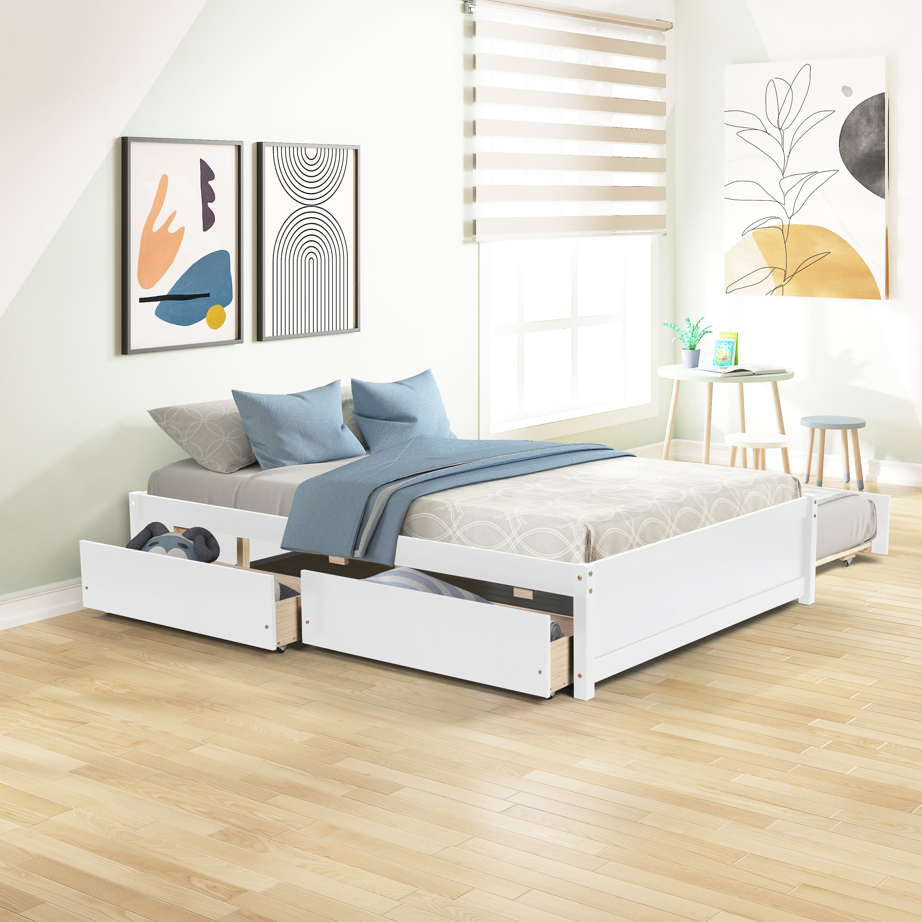 HAOYYE Full Bed with Twin Trundle and Two Drawers, White, Sturdy Space-Saving Design, Heavy Duty Construction, Easy Assembly, Durable and Stylish Home Furniture