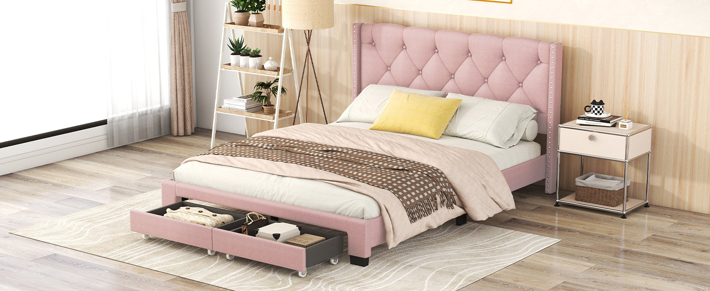 HAOYYE Queen Size Linen Upholstered Platform Bed with Two Drawers, Modern Storage Bed with Sturdy and Space-Saving Design, Heavy Duty Construction, Ideal for Adults and Dorm Rooms, Easy Assembly for Bedroom Furniture