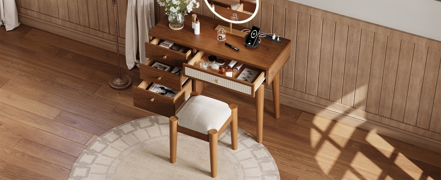 HAOYYE 39" Retro Bohemian Style Wooden Makeup Vanity Set with Charging Plug&USB Port and Stool, Dressing Table with 3 Storage Drawers and 1 Rectangular Rattan Drawer, Walnut