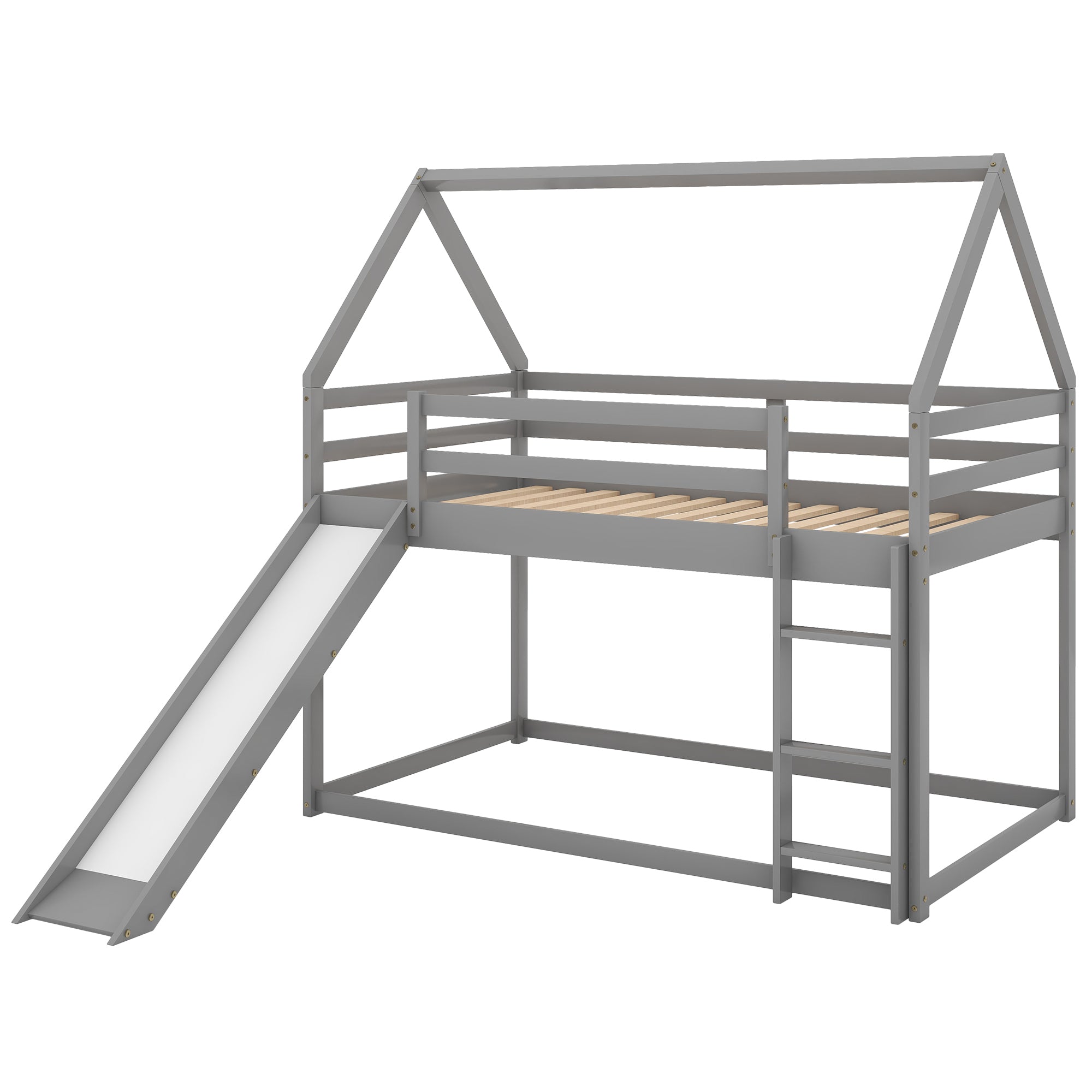 HAOYYE Twin Size Bunk House Bed with Slide and Ladder,Gray Sturdy Space-Saving Heavy Duty Modern Design Adults Dorm Room Easy Assembly Bedroom Furniture
