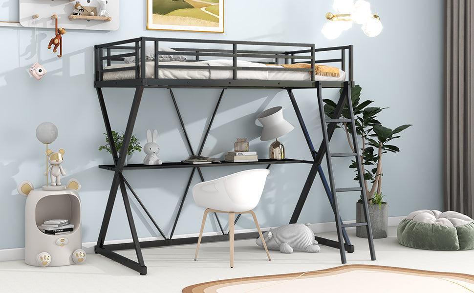 HAOYYE Twin Size Loft Bed with Desk, Ladder and Full-Length Guardrails, X-Shaped Frame, Black(Old SKU: MF297073AAB) Sturdy Space-Saving Heavy Duty Modern Design Adults Dorm Room Easy Assembly