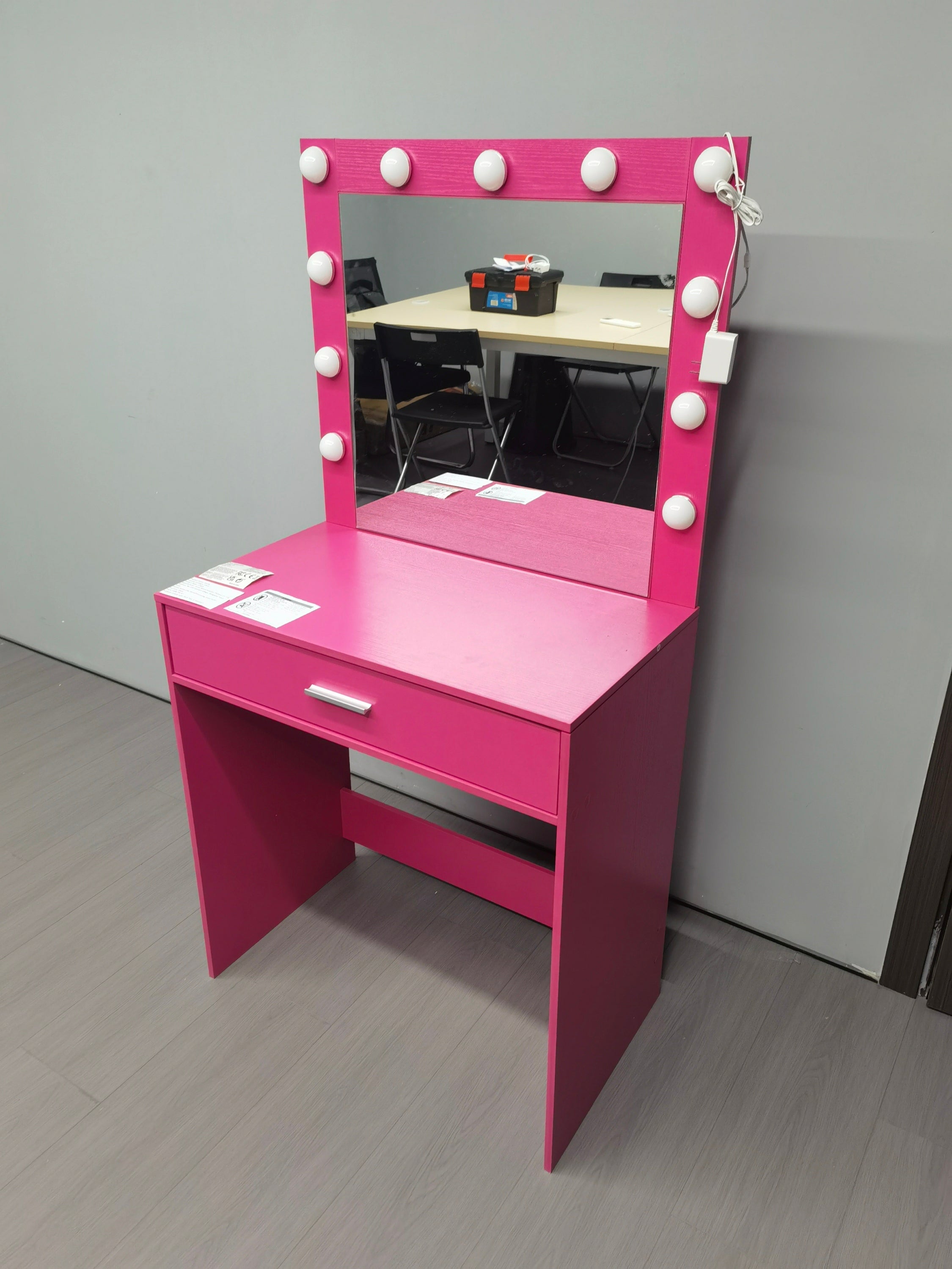 HAOYYE Vanity Desk with Mirror and Lights, Dressing Table with Large Drawer, 1 Level Storage Dresser & 3 Lighting Modes Adjustable Brightness, Suitable for Bedroom(Pink)
