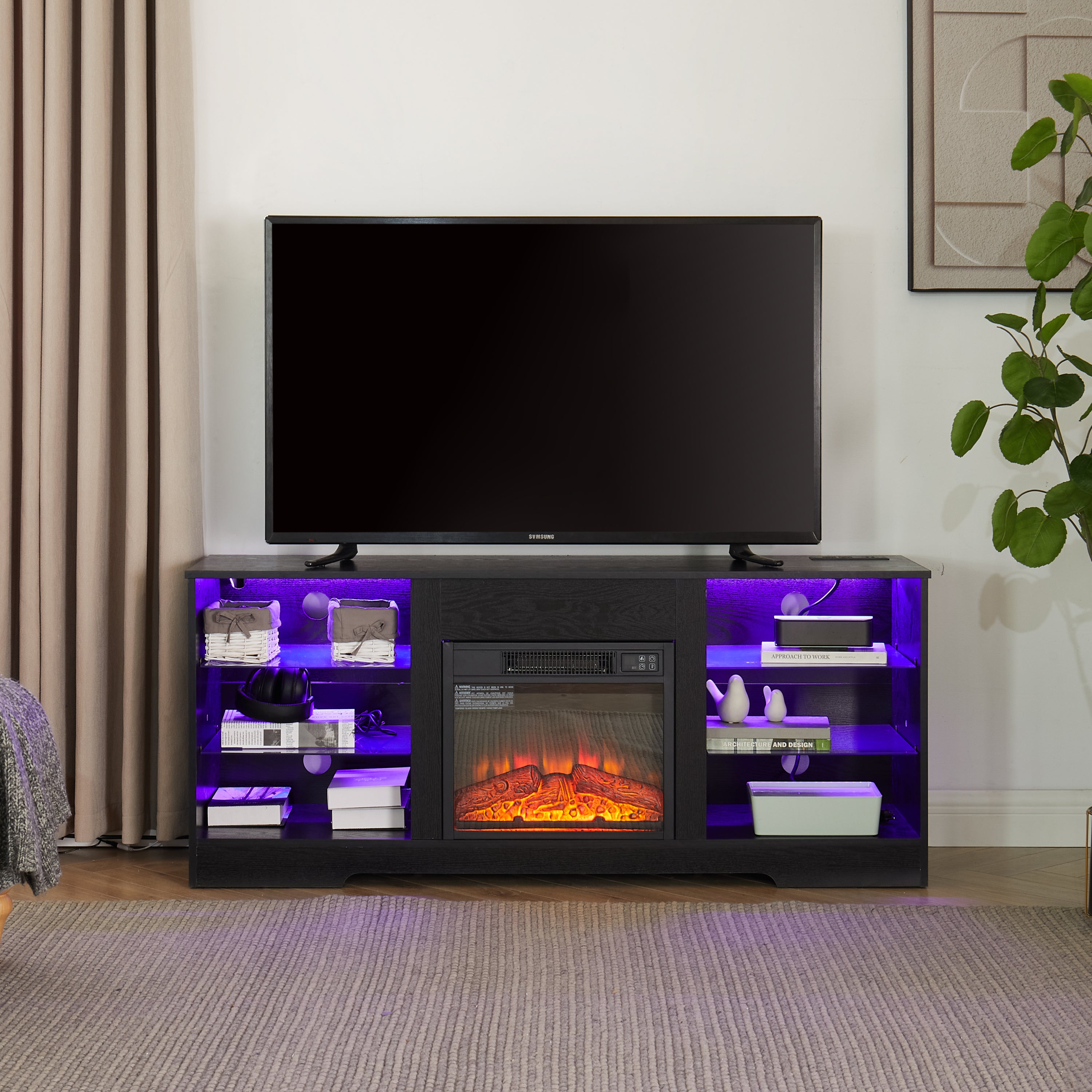 HAOYYE Modern TV Stand With Electric Fireplace, Glass Shelves, 3D Wood Design, LED Lights, And USB Charging Outlet – Entertainment Console Table For TVs From 32 To 62 Inch, Sturdy, Space-Saving Heavy Duty Media Center In Black