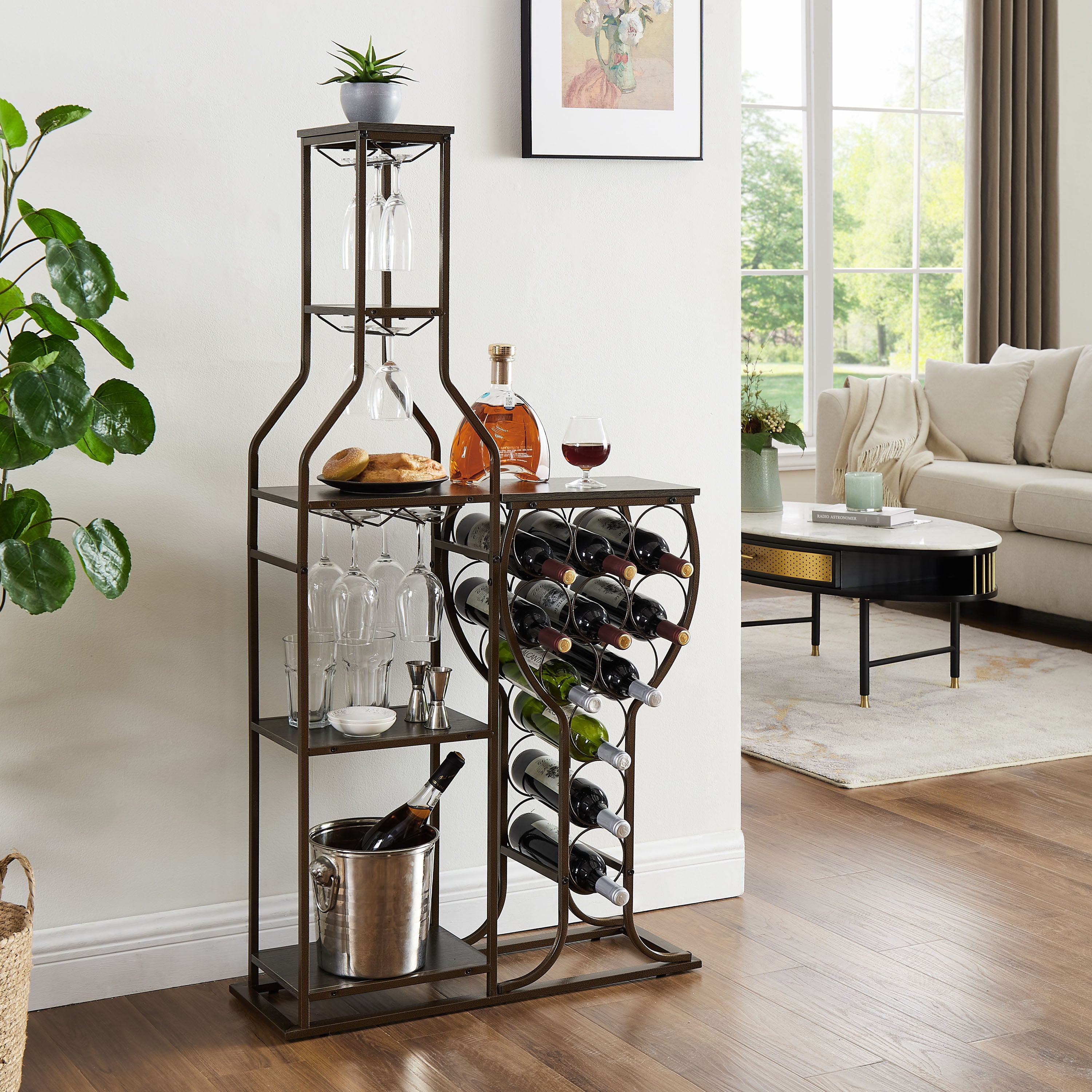 Haoyye Grey Wine Bakers Rack with 11 Bottle Storage, 5 Tier Freestanding Wine Rack with Hanging Glass Holder and Shelves, Rustic Metal and Wood Liquor Organizer for Kitchen, Dining Room or Home Bar, Sturdy Space-Saving Display Stand