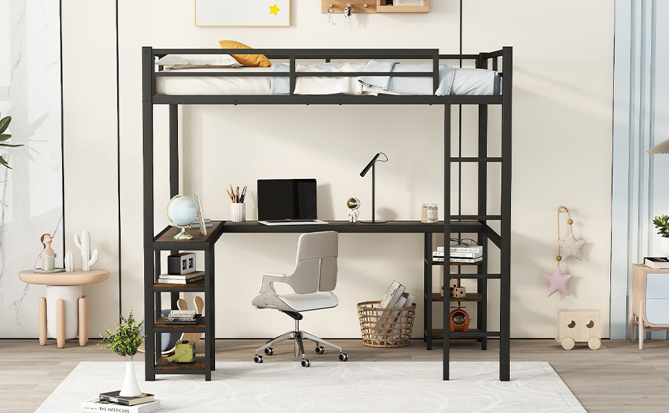 HAOYYE Full Metal Loft Bed with Desk and Shelves, Loft Bed with Ladder and Guardrails, Loft Bed Frame for Bedroom, Black with Vintage wood-colored desk Sturdy Space-Saving Heavy Duty Modern Design