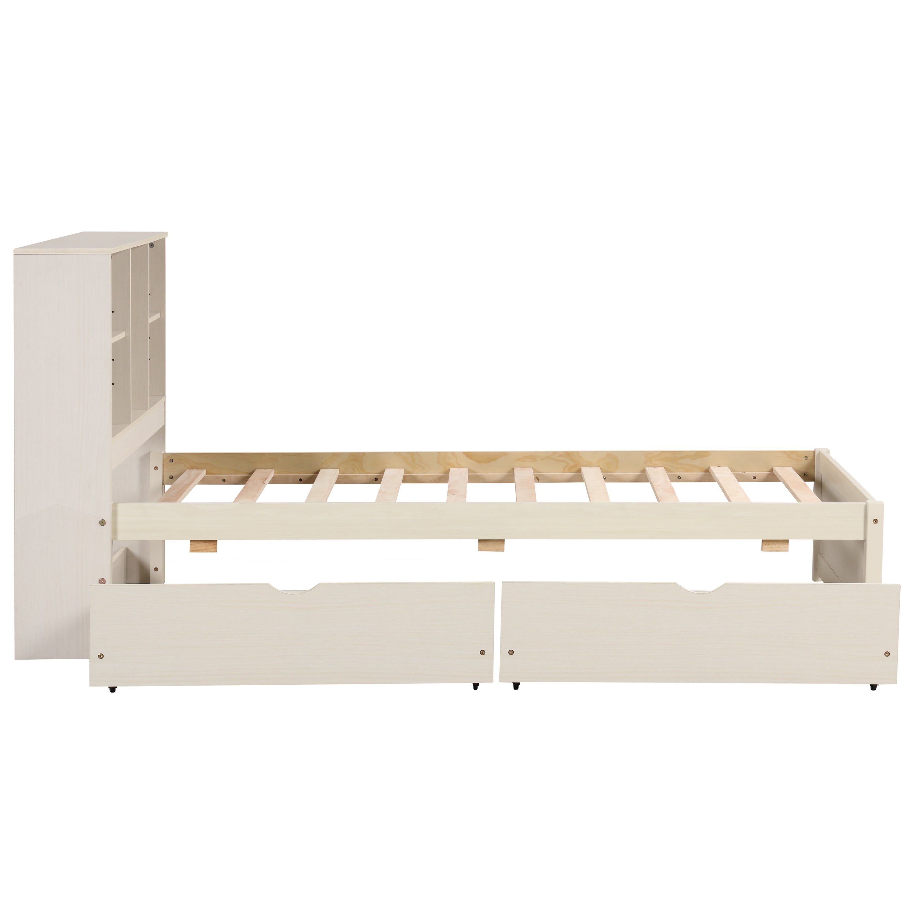 HAOYYE Modern Twin Size Bed Frame with Built-In USB Port on Bookcase Headboard and Two Drawers for White Washed Color, Sturdy Space-Saving Design, Heavy Duty Construction, Easy Assembly, Durable and Stylish Home Furniture