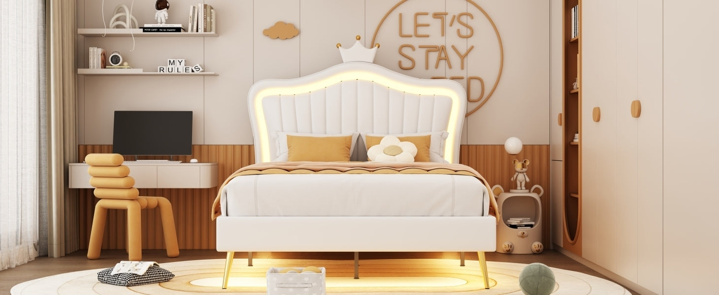 HAOYYE Full Size Upholstered Bed Frame with LED Lights,Modern Upholstered Princess Bed With Crown Headboard,White Sturdy Space-Saving Heavy Duty Modern Design Adults Dorm Room Easy Assembly