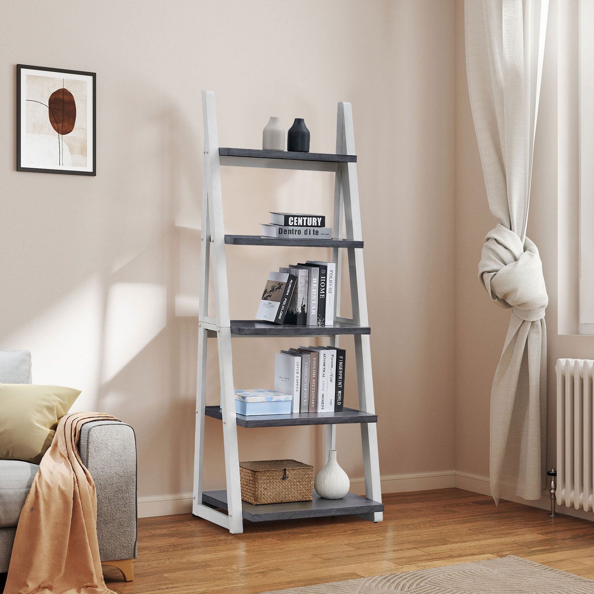 HAOYYE 5-Tier Shelves,Bookshelf, Storage Rack, Bookcase with Rubber Wood Frame, Ladder Shelf for Living Room, Home Office, Kitchen, Bedroom, Apartment Sturdy Space-Saving Heavy Duty Modern Design Adults